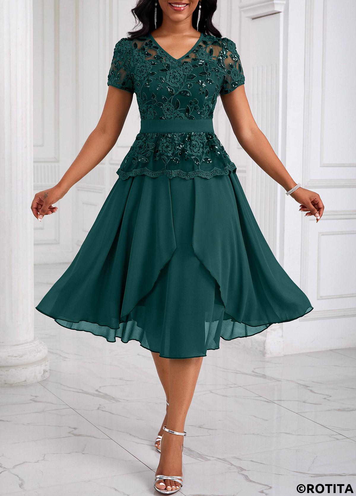 Blackish Green dresses,Plain Color dresses,Party dresses,Elegant dresses,ROTITA Lace Patchwork V Neck Blackish Green Dress