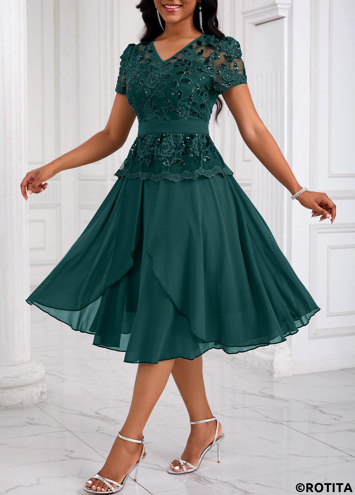 Blackish Green dresses,Plain Color dresses,Party dresses,Elegant dresses,ROTITA Lace Patchwork V Neck Blackish Green Dress