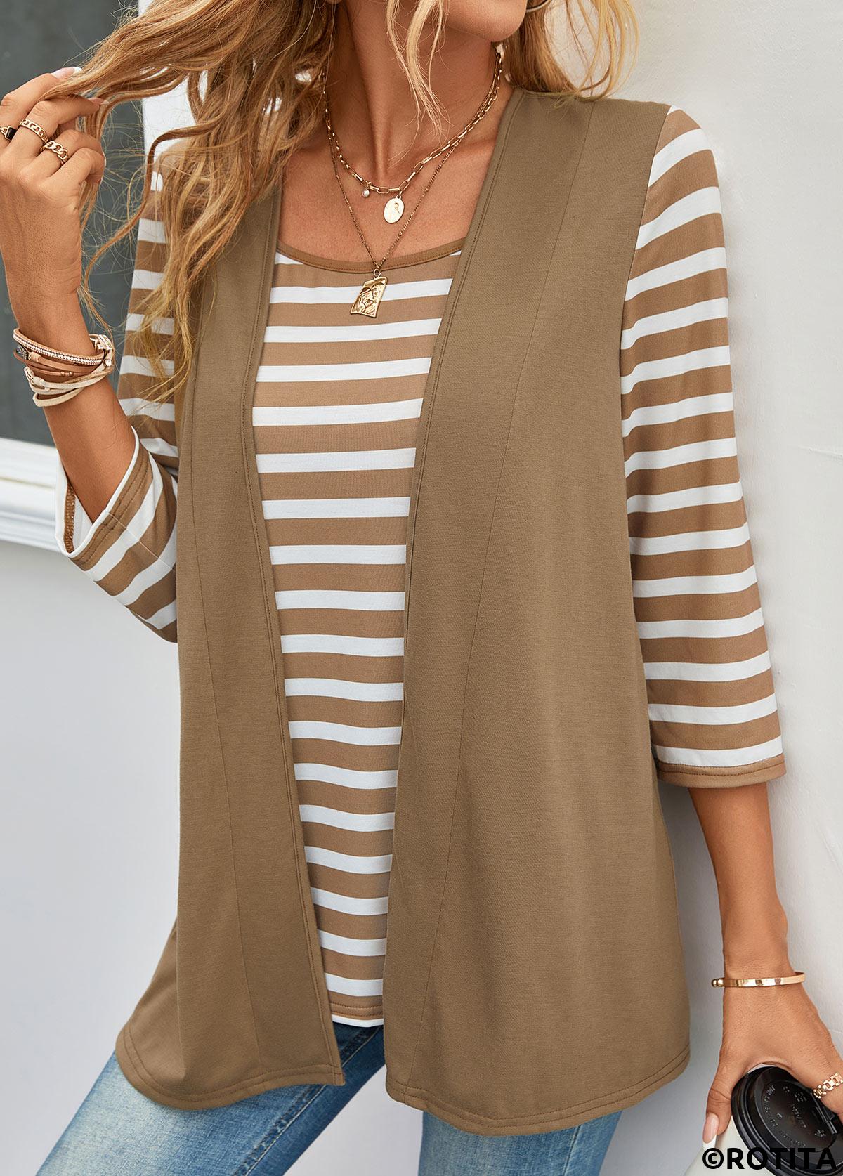 ROTITA Fake 2in1 Striped Dark Camel T Shirt