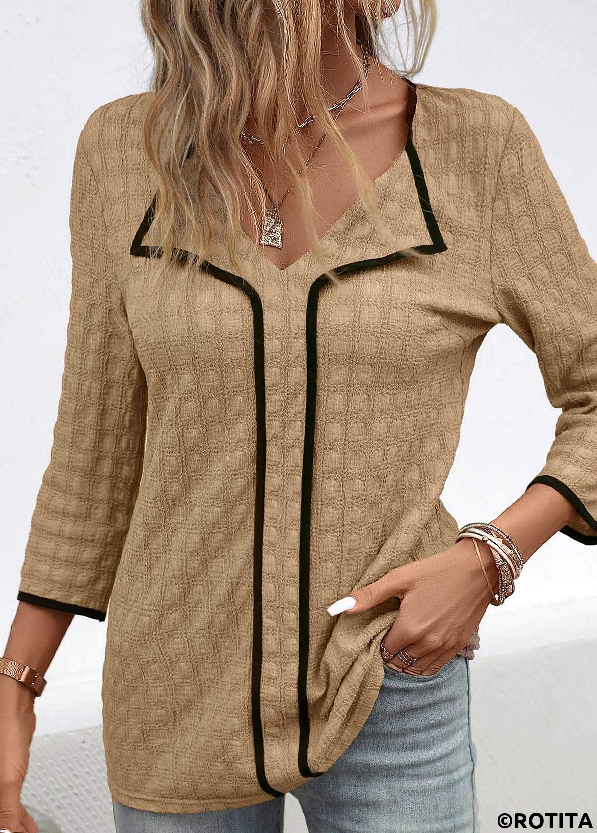 Dark Camel tops,Plain Color tops,ROTITA Contrast Binding Dark Camel V Neck Blouse