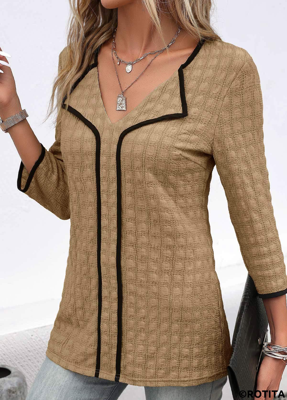 Dark Camel tops,Plain Color tops,ROTITA Contrast Binding Dark Camel V Neck Blouse