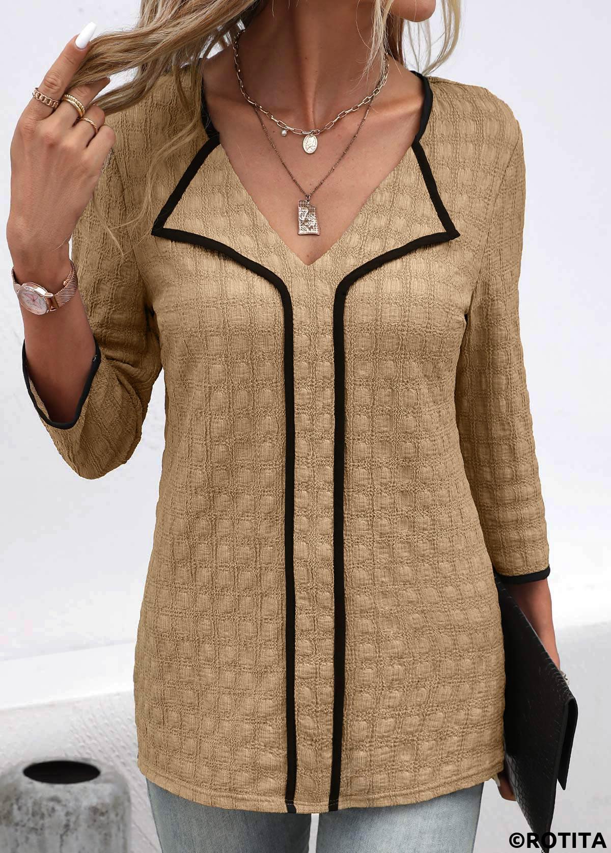 Dark Camel tops,Plain Color tops,ROTITA Contrast Binding Dark Camel V Neck Blouse