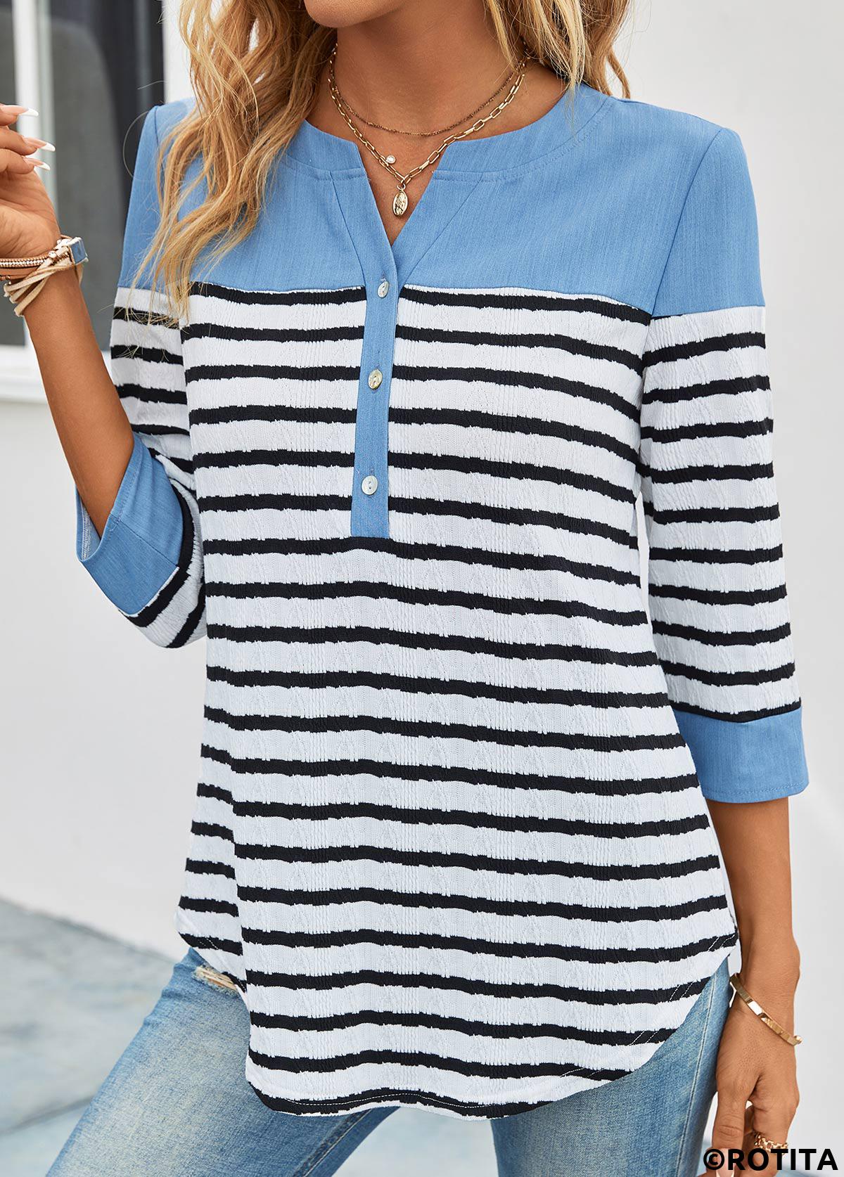 Sky Blue tops,White tops,Striped tops,ROTITA Button Striped Sky Blue Split Neck Blouse