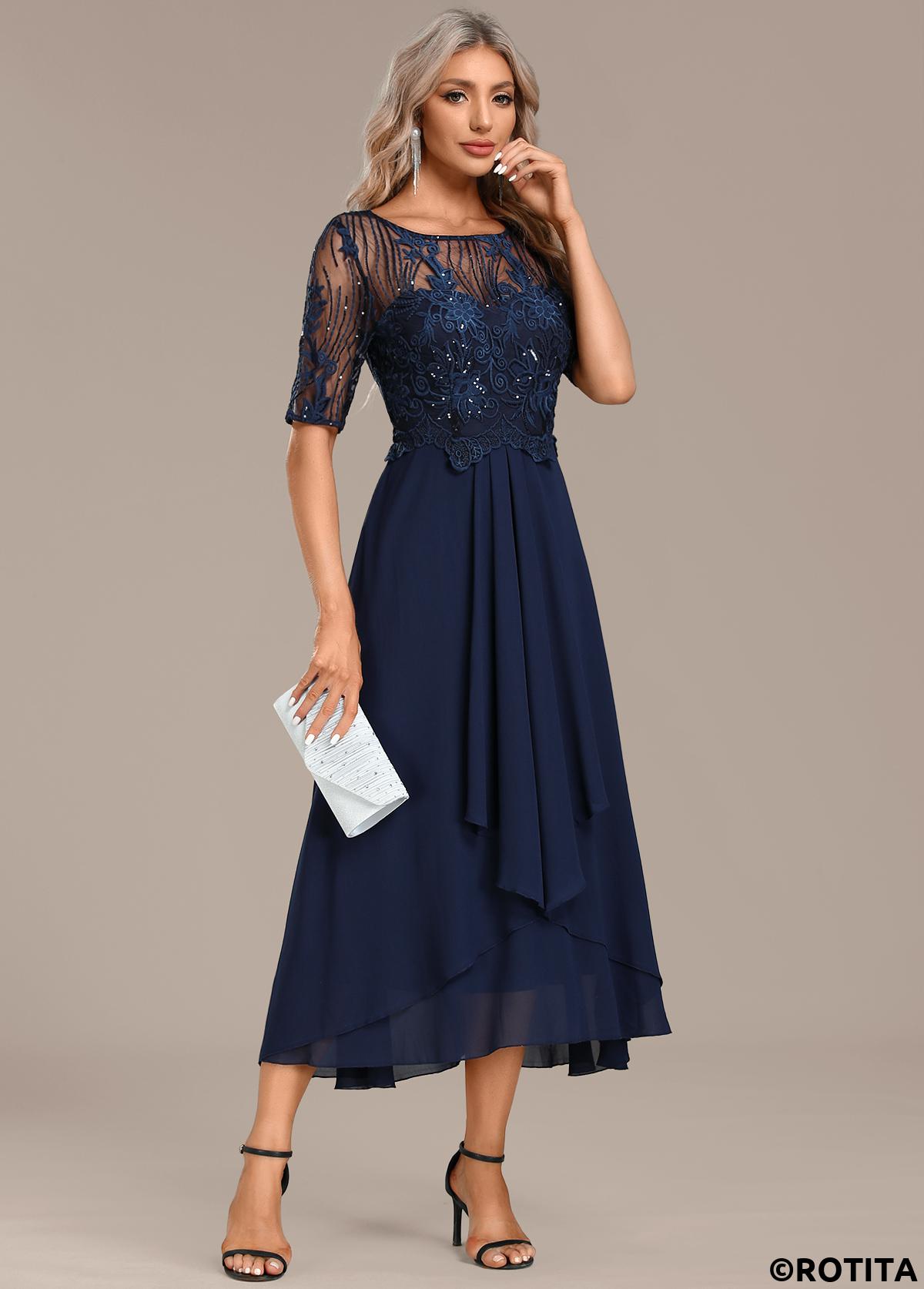 Navy dresses,Plain Color dresses,Party dresses,Elegant dresses,ROTITA Lace Navy Round Neck Short Sleeve Dress