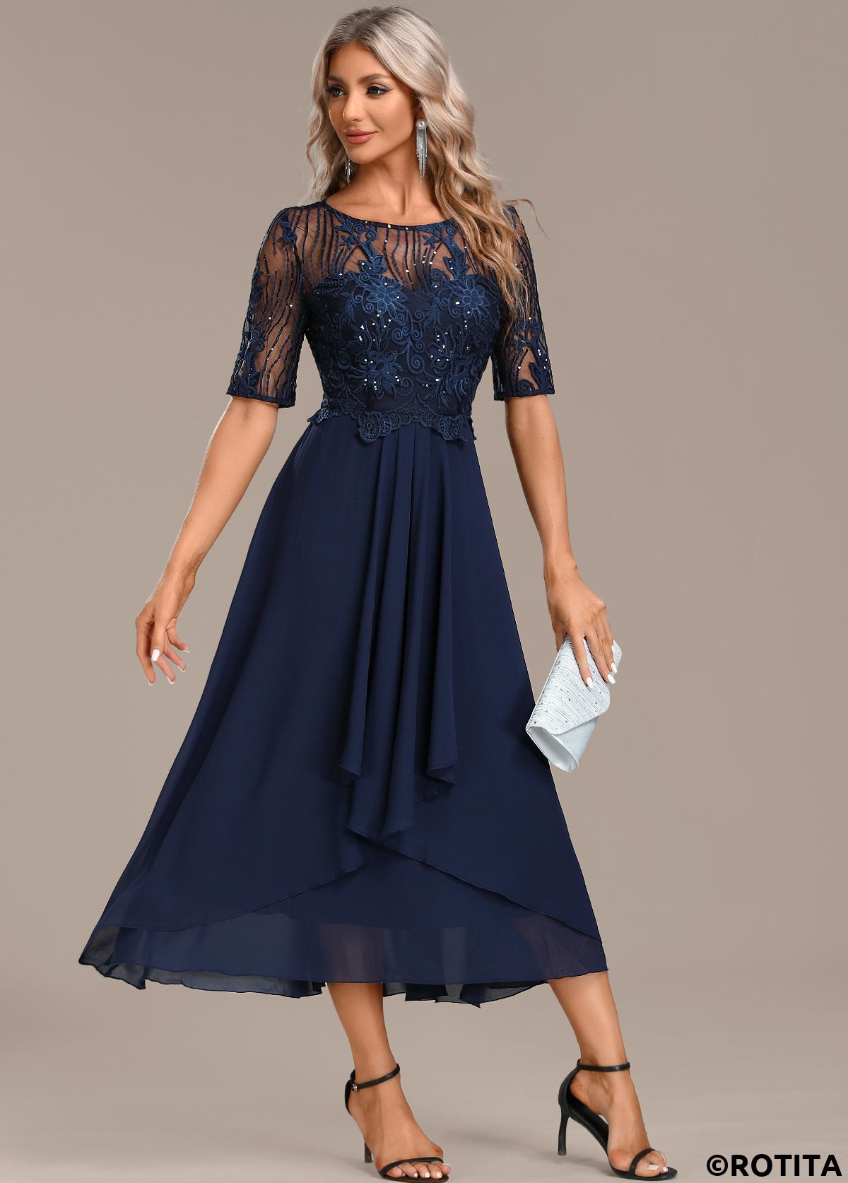Navy dresses,Plain Color dresses,Party dresses,Elegant dresses,ROTITA Lace Navy Round Neck Short Sleeve Dress
