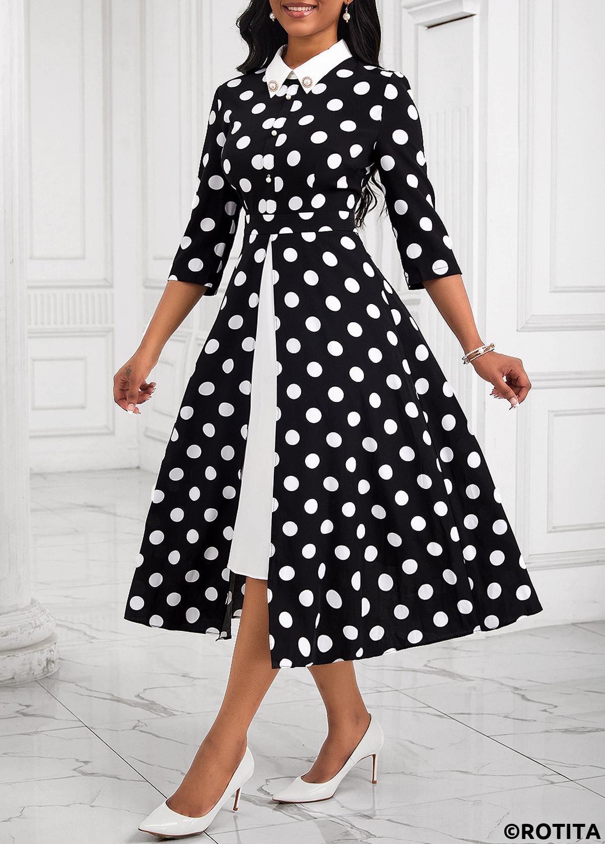 rotita fausse robe 2 en 1 à pois noir à col polo