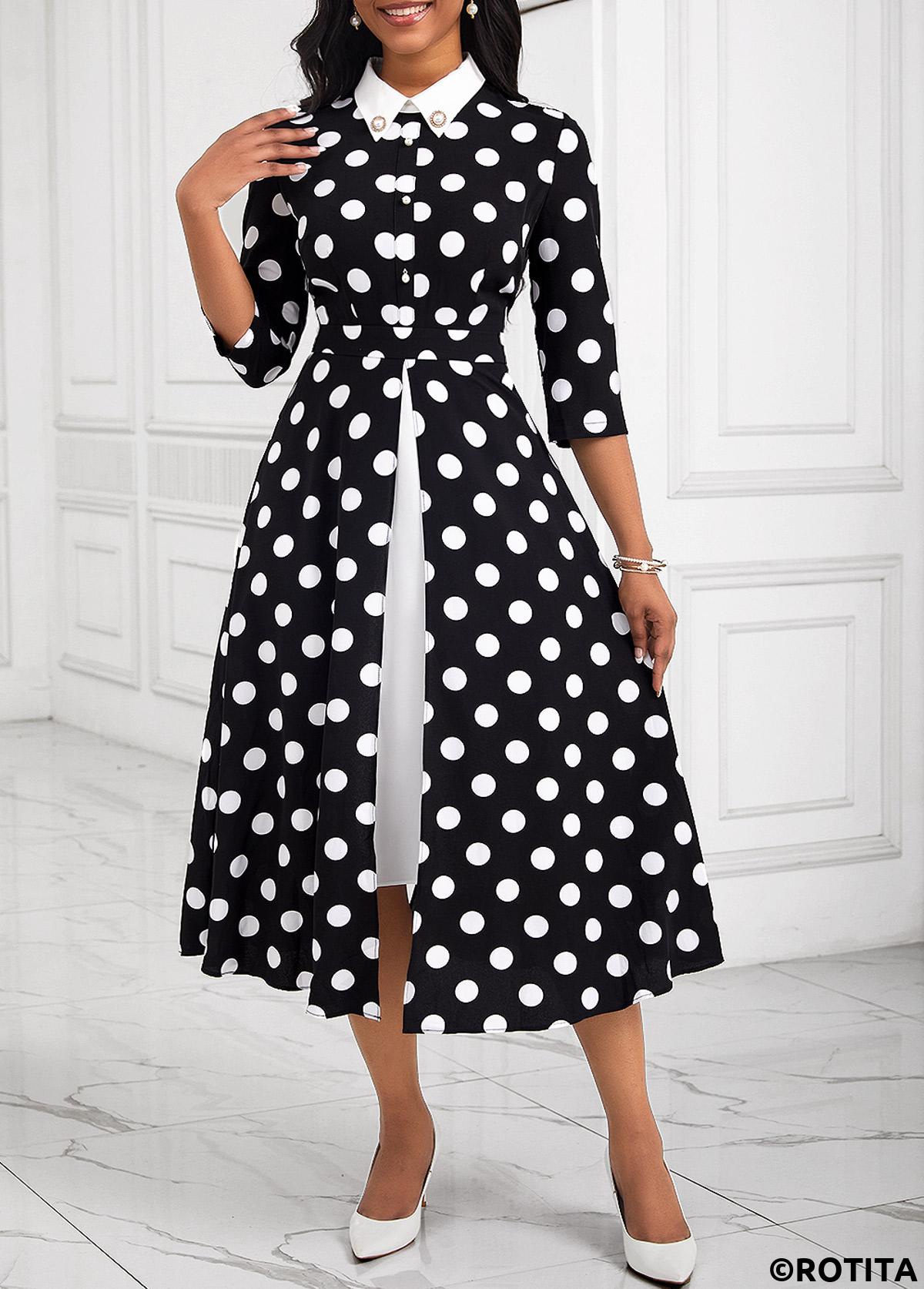 rotita fausse robe 2 en 1 à pois noir à col polo