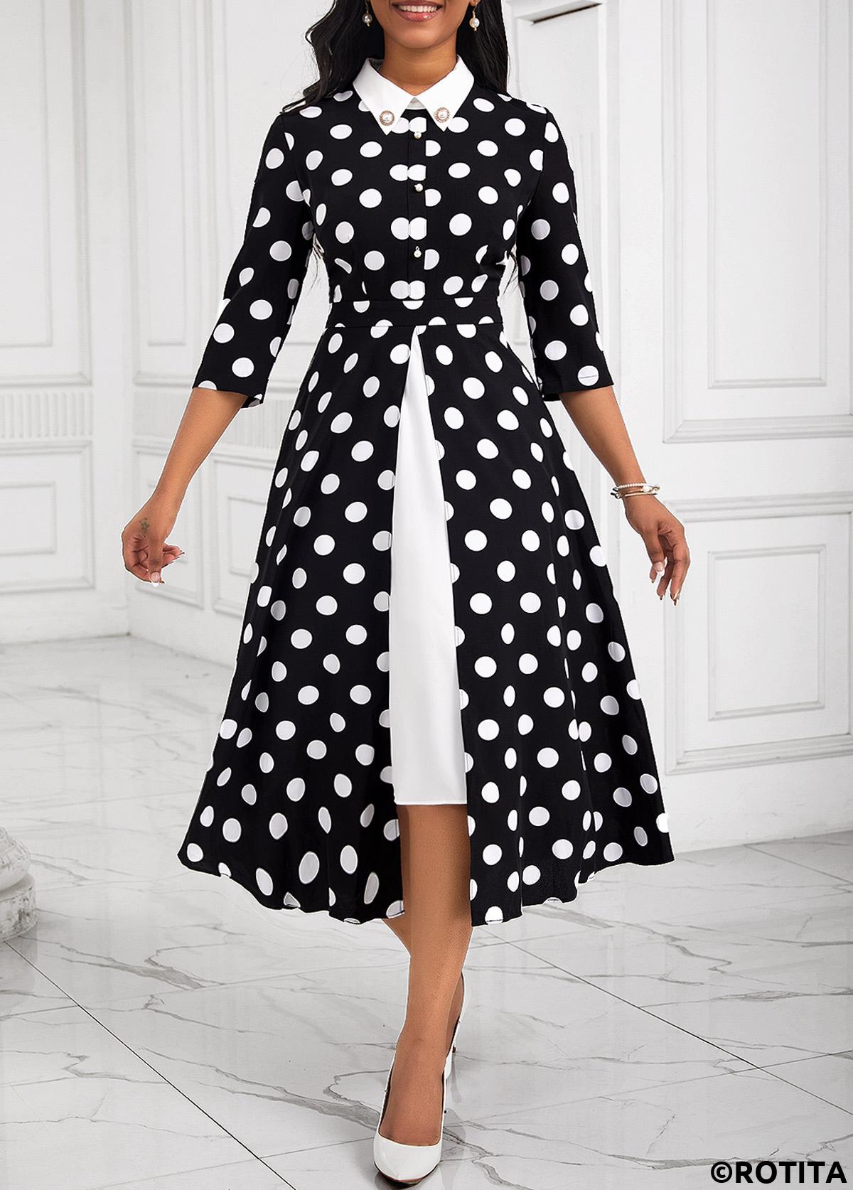 rotita fausse robe 2 en 1 à pois noir à col polo