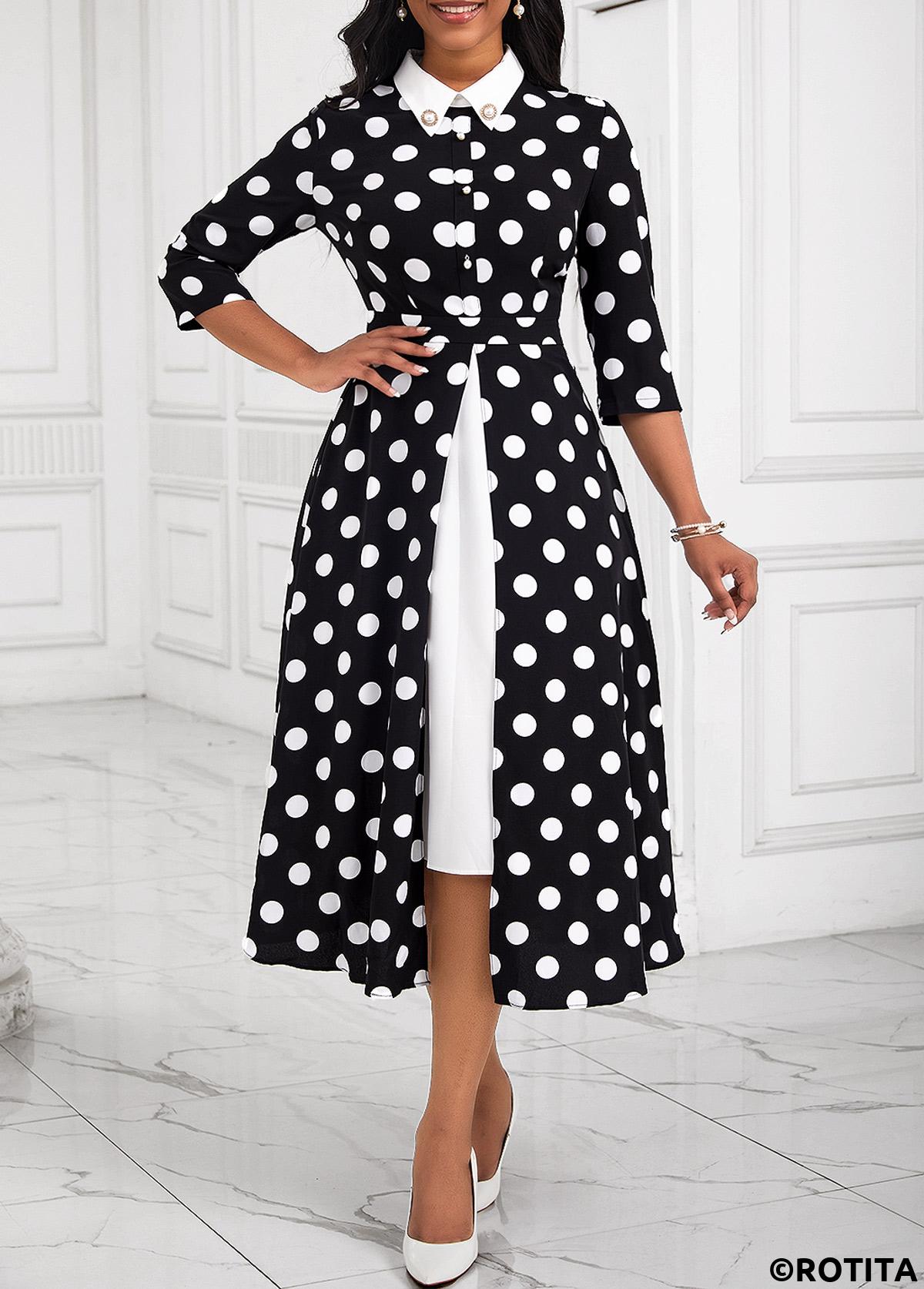 rotita fausse robe 2 en 1 à pois noir à col polo