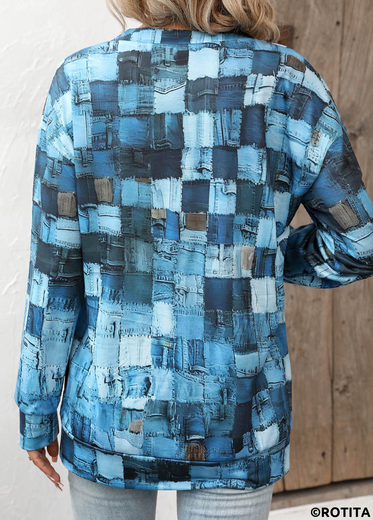 Denim Blue tops,Cyan tops,Geometric tops,Zipper Geometric Print Denim Blue Round Neck Sweatshirt