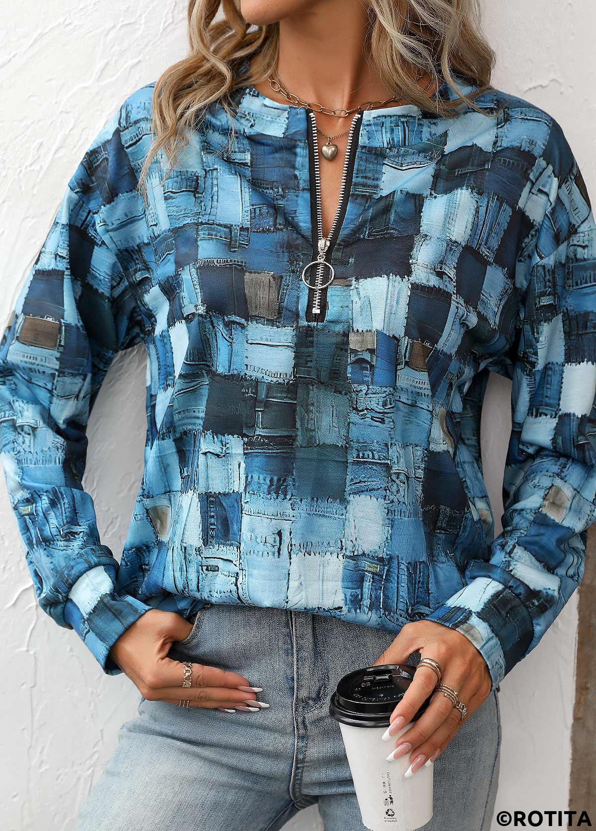 Denim Blue tops,Cyan tops,Geometric tops,Zipper Geometric Print Denim Blue Round Neck Sweatshirt