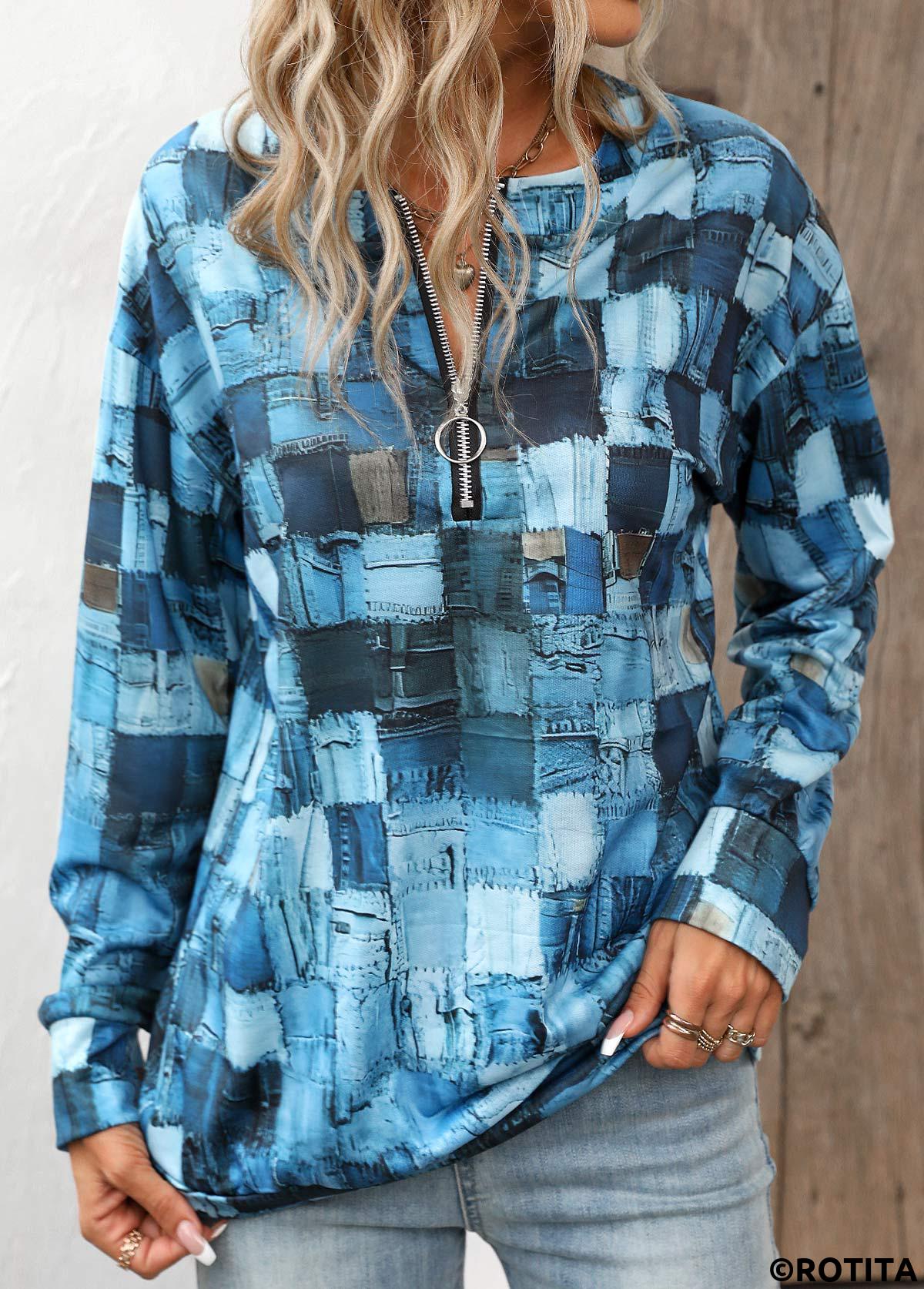 Denim Blue tops,Cyan tops,Geometric tops,Zipper Geometric Print Denim Blue Round Neck Sweatshirt