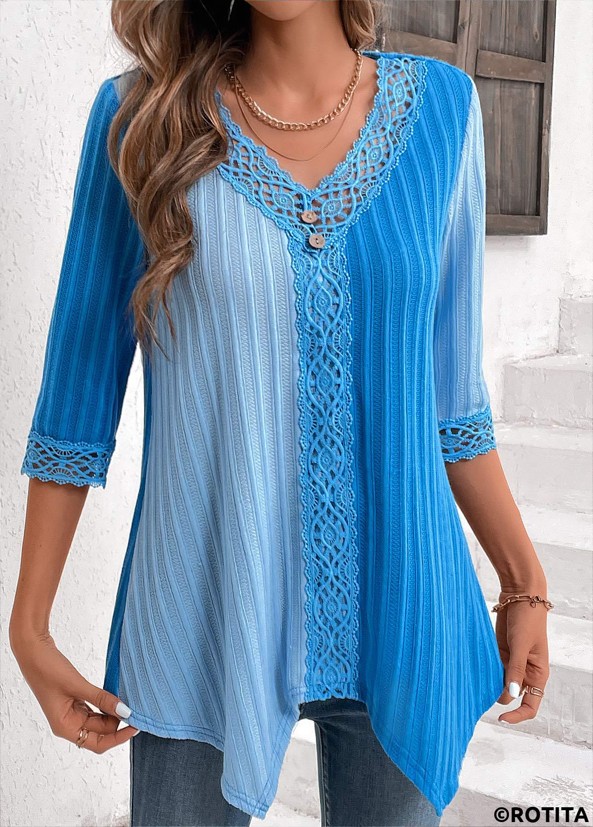Sky Blue tops,Light Blue tops,Contrast Color tops,ROTITA Lace Patchwork Sky Blue V Neck Blouse