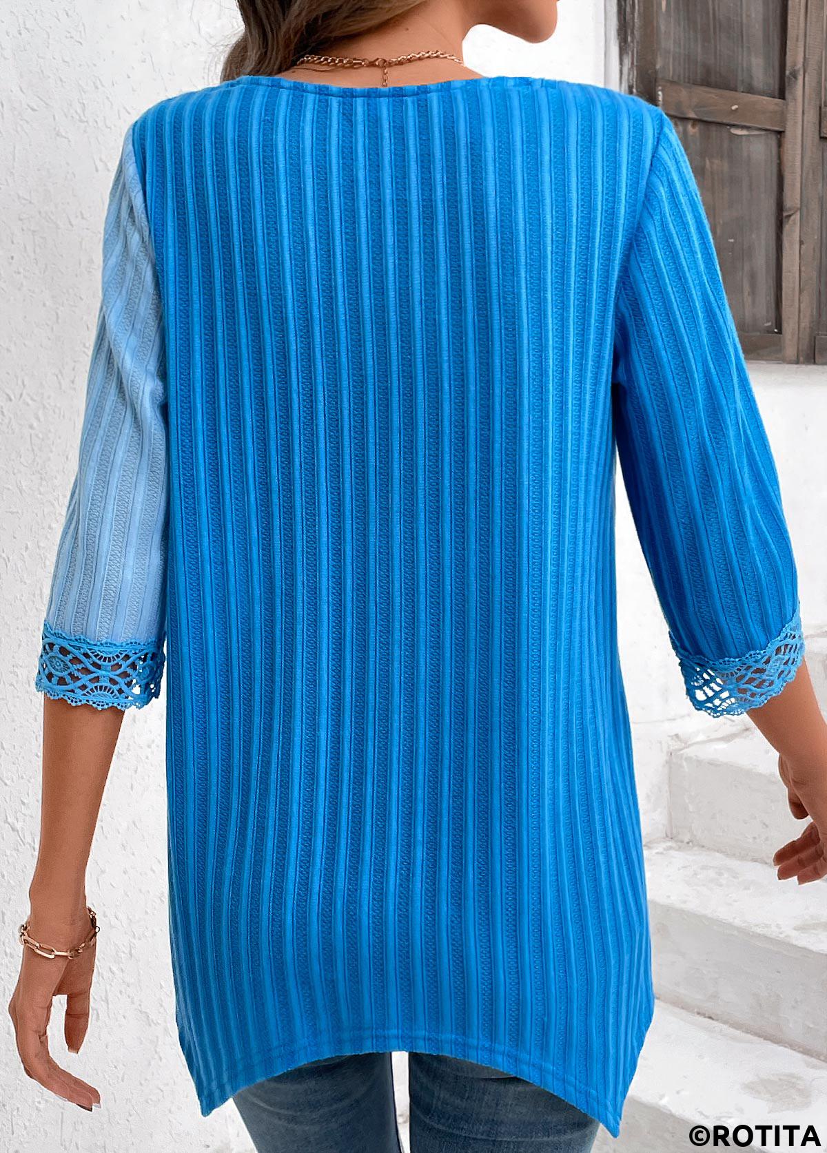 Sky Blue tops,Light Blue tops,Contrast Color tops,ROTITA Lace Patchwork Sky Blue V Neck Blouse