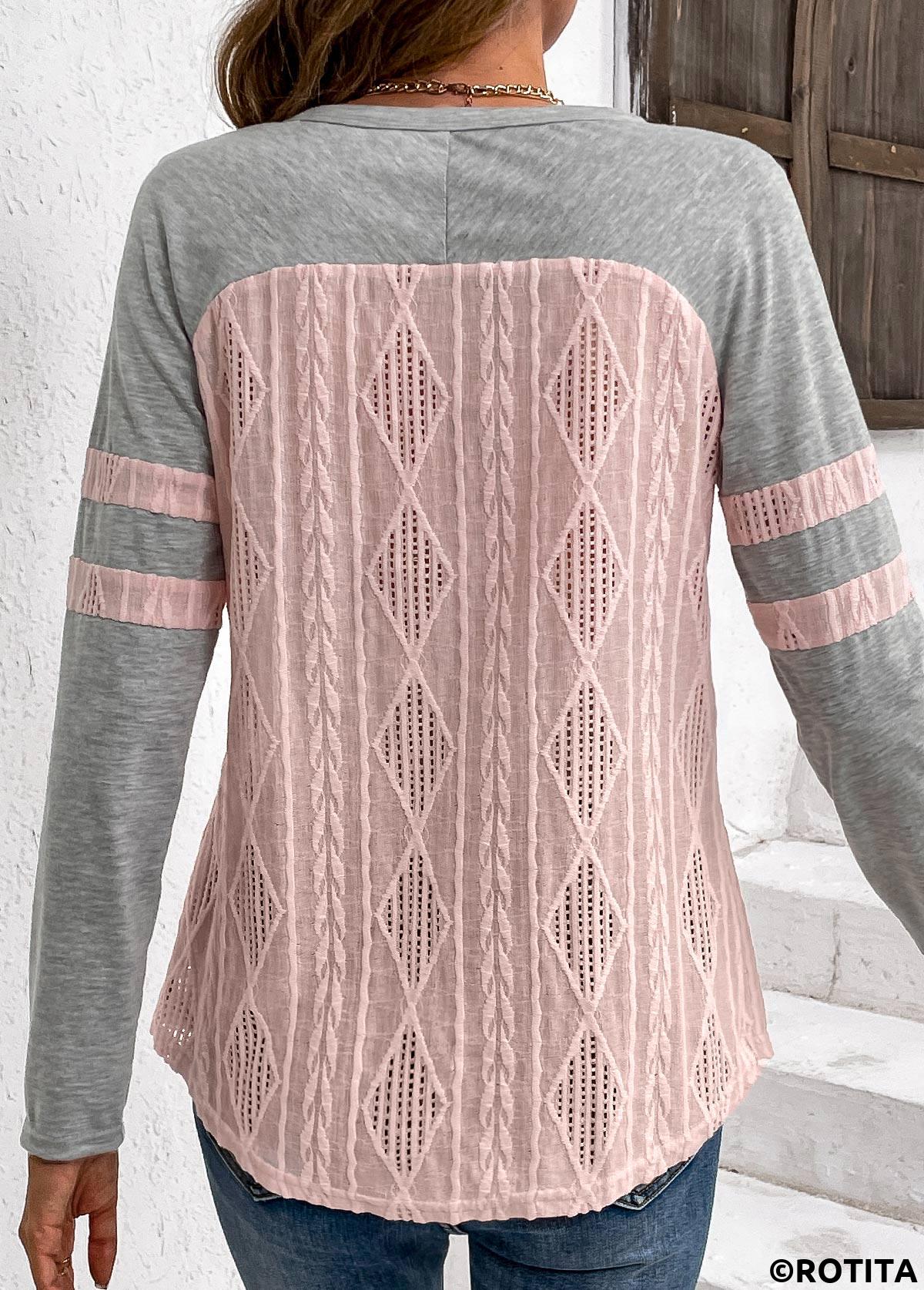 Light Pink plus size,Grey plus size,Contrast Color plus size,Striped plus size,ROTITA Plus Size Twisted Light Pink Long Sleeve T Shirt
