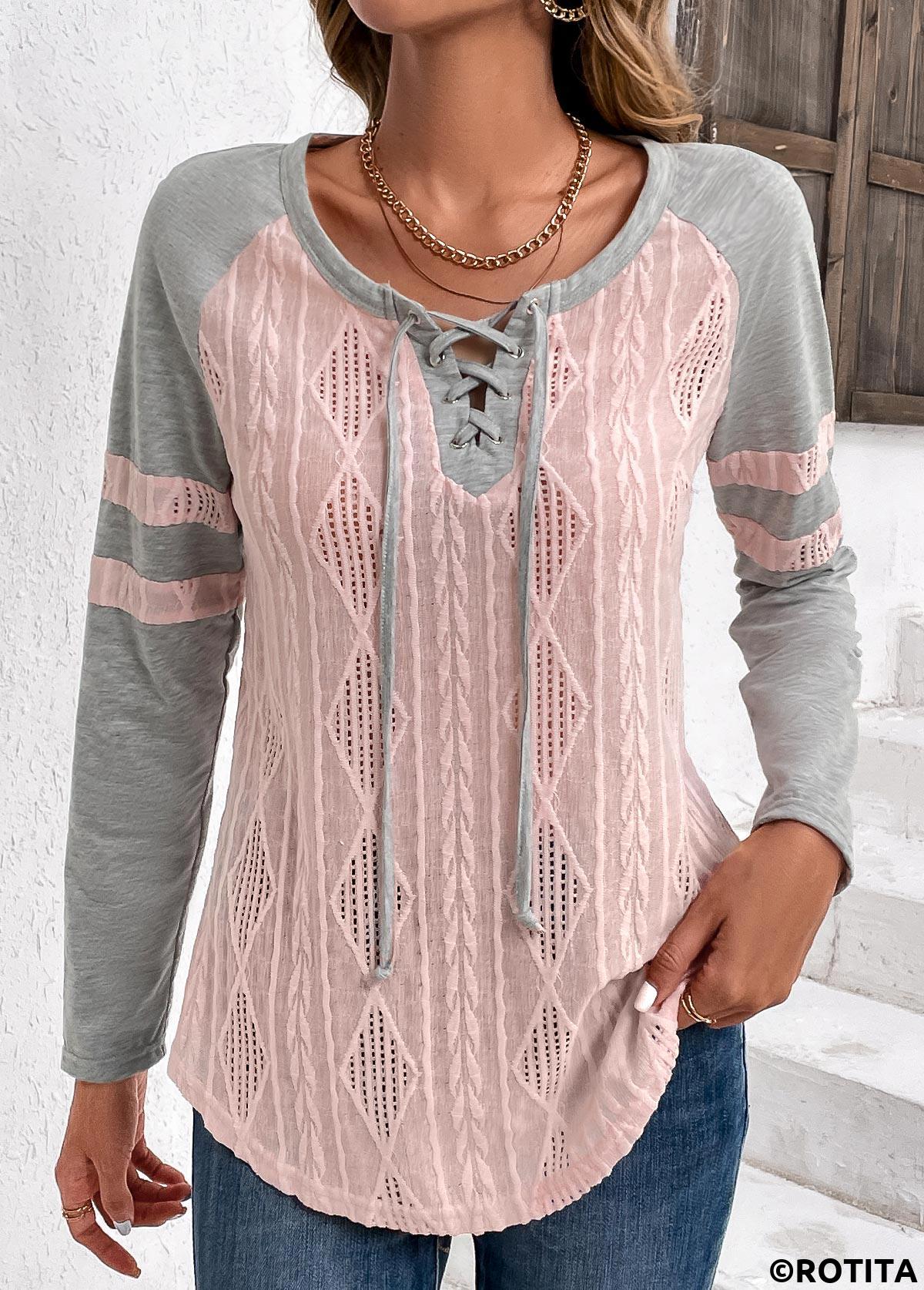 Light Pink plus size,Grey plus size,Contrast Color plus size,Striped plus size,ROTITA Plus Size Twisted Light Pink Long Sleeve T Shirt