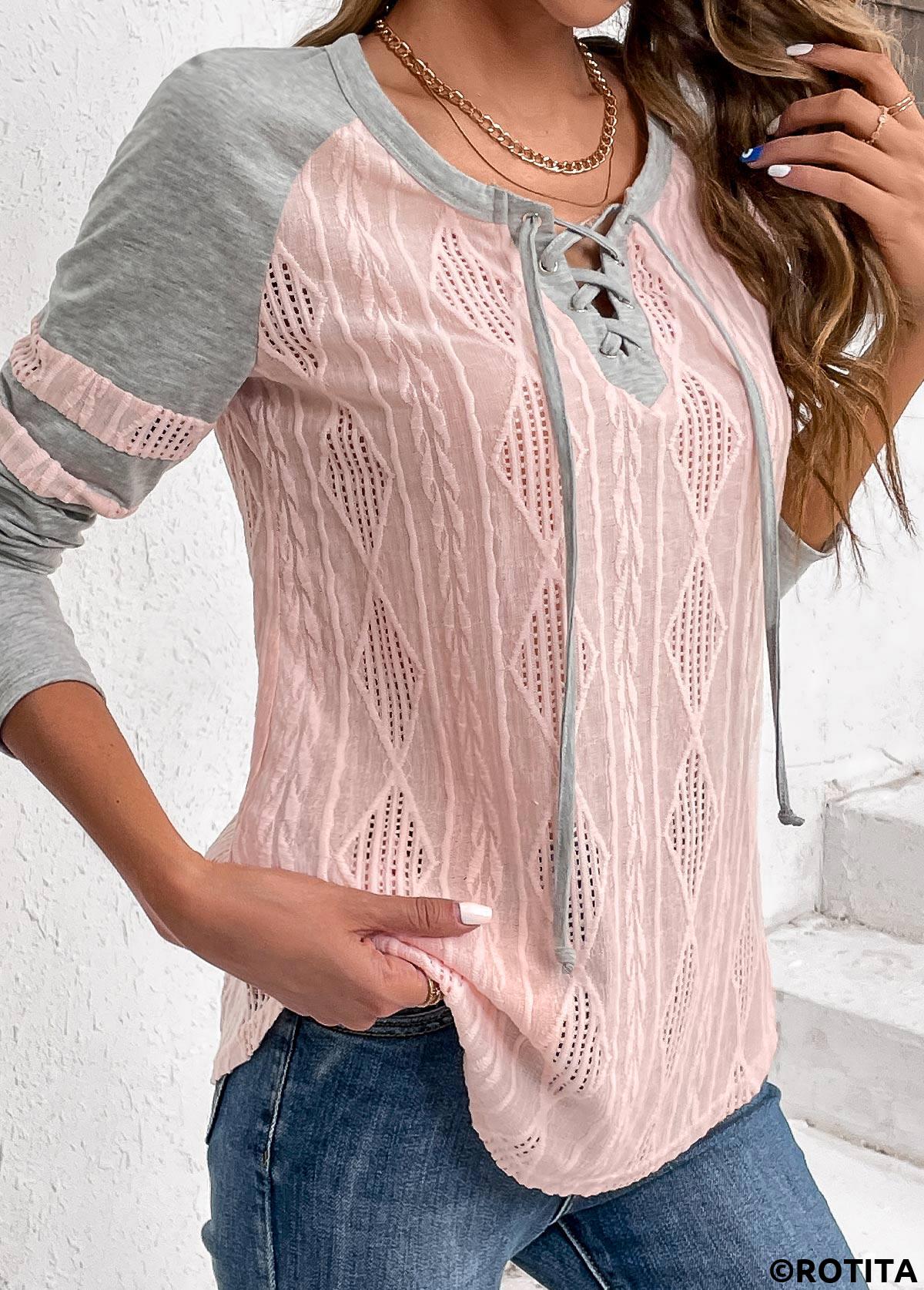 Light Pink plus size,Grey plus size,Contrast Color plus size,Striped plus size,ROTITA Plus Size Twisted Light Pink Long Sleeve T Shirt