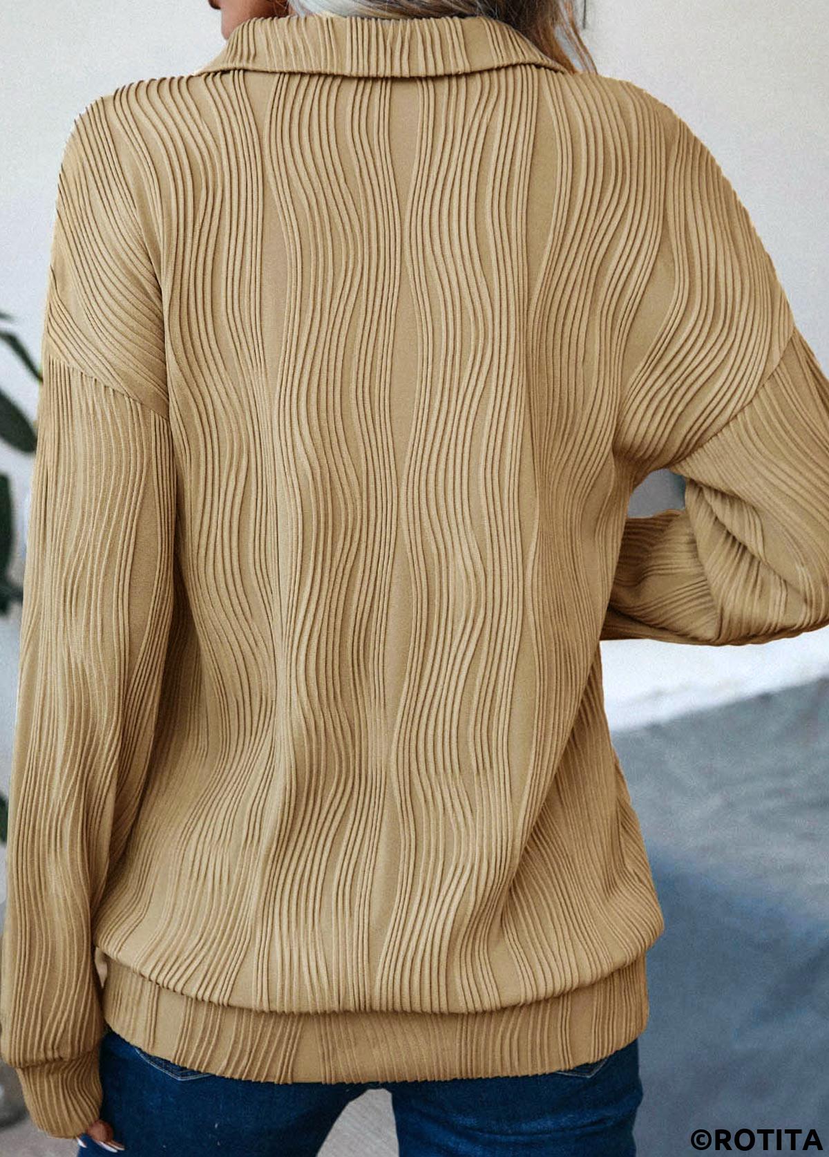 Light Camel tops,Plain Color tops,ROTITA Zipper Light Camel Turn Down Collar Long Sleeve Sweatshirt