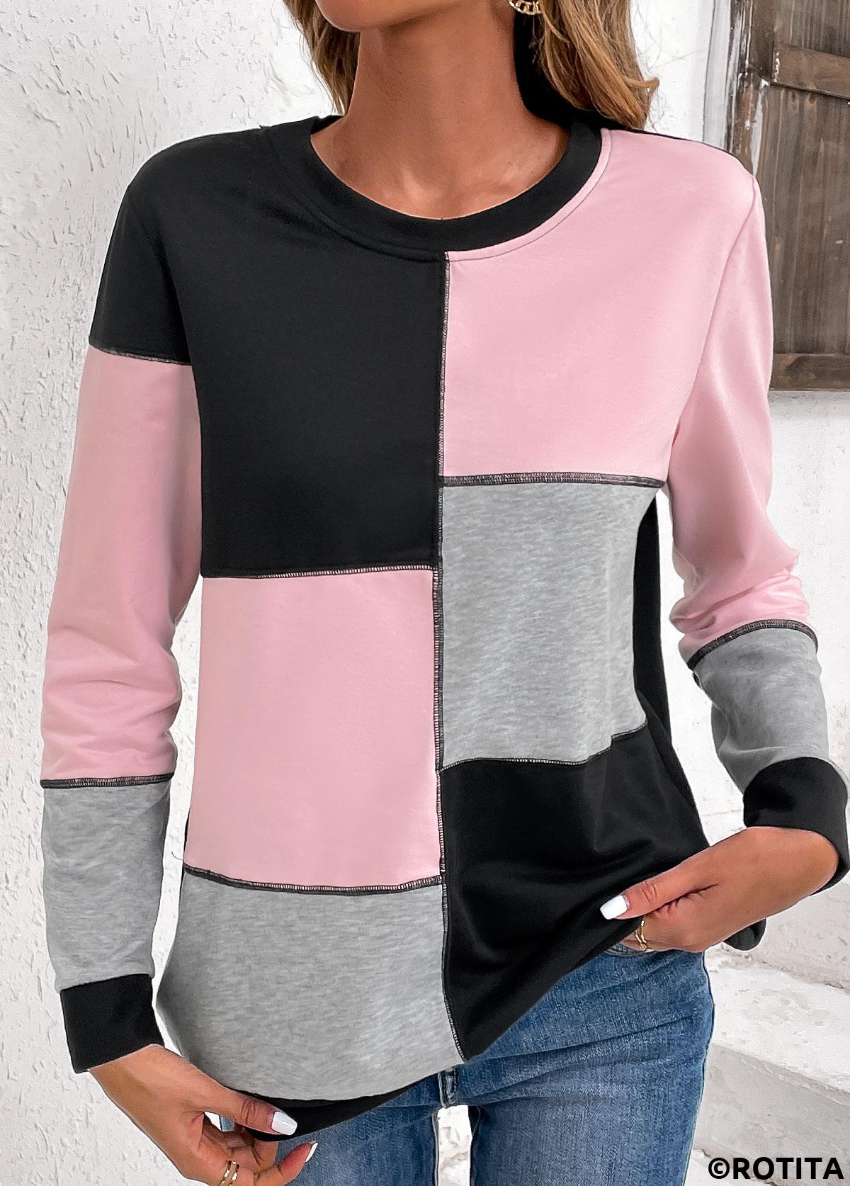 Light Pink plus size,Black plus size,Light Grey Marl plus size,Contrast Color plus size,ROTITA Plus Size Patchwork Light Pink Round Neck Sweatshirt