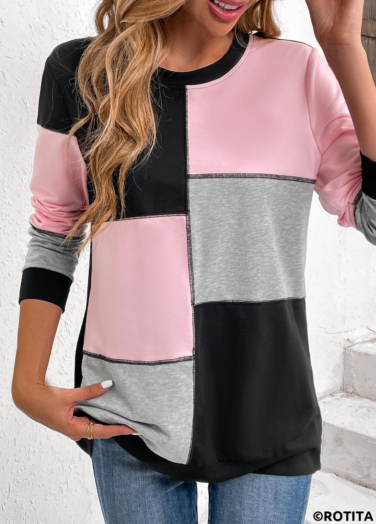 Light Pink plus size,Black plus size,Light Grey Marl plus size,Contrast Color plus size,ROTITA Plus Size Patchwork Light Pink Round Neck Sweatshirt