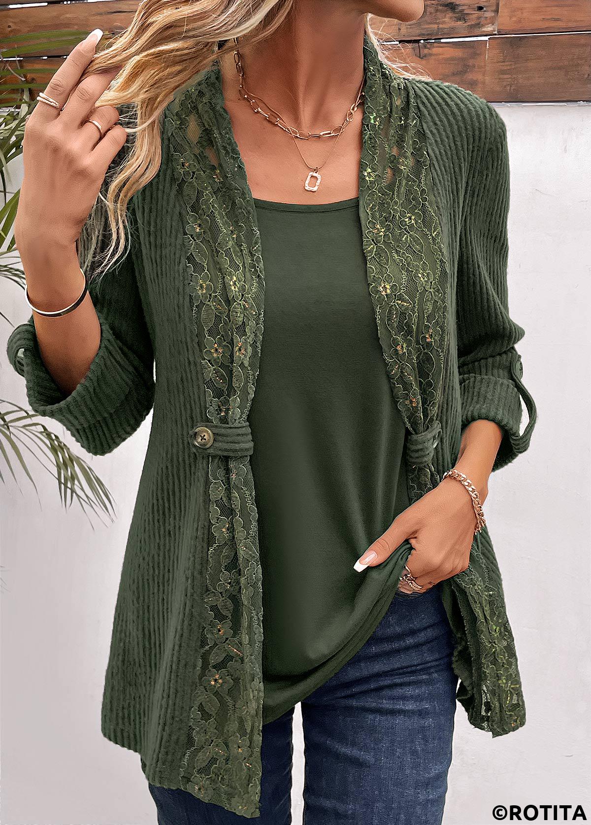 Olive Green tops,Plain Color tops,ROTITA Fake 2in1 Olive Green Round Neck T Shirt