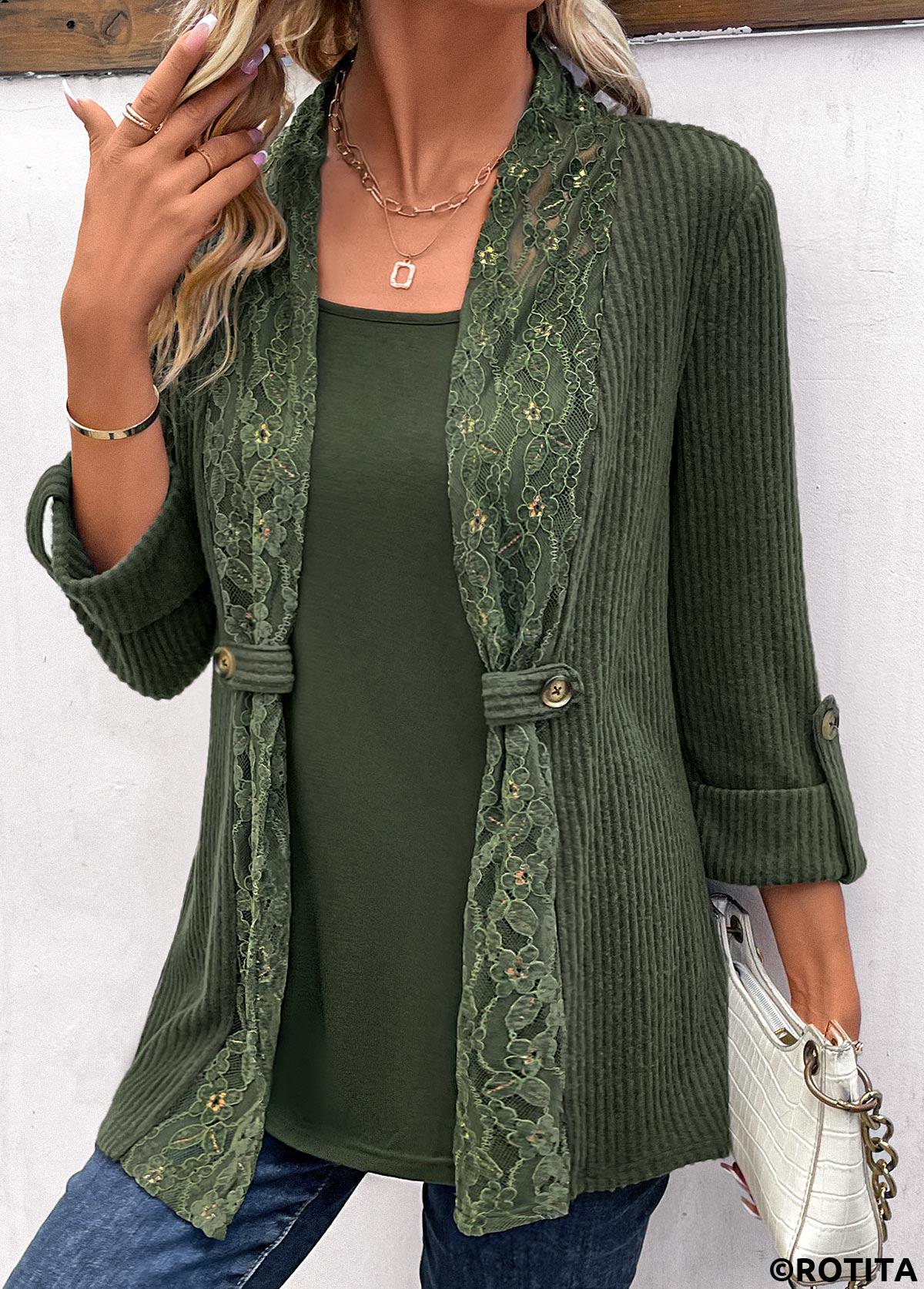 Olive Green tops,Plain Color tops,ROTITA Fake 2in1 Olive Green Round Neck T Shirt