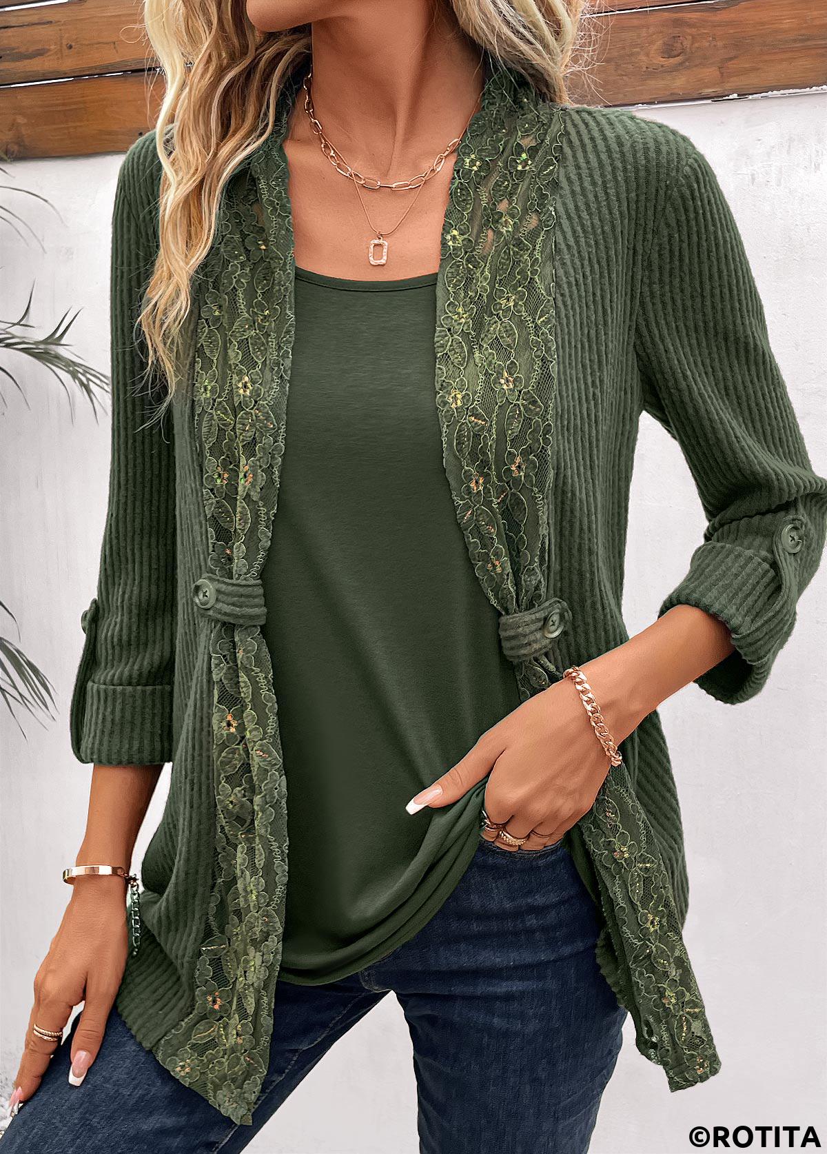 Olive Green tops,Plain Color tops,ROTITA Fake 2in1 Olive Green Round Neck T Shirt