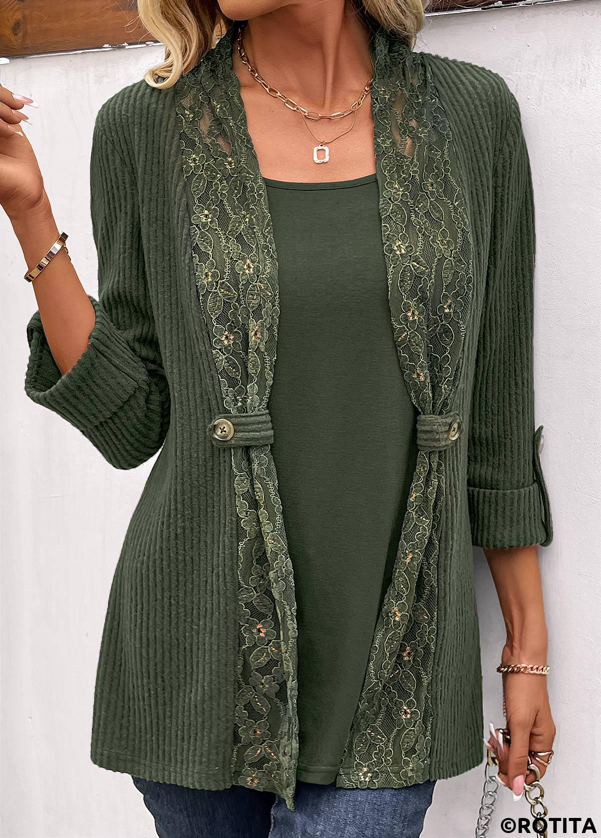 Olive Green tops,Plain Color tops,ROTITA Fake 2in1 Olive Green Round Neck T Shirt