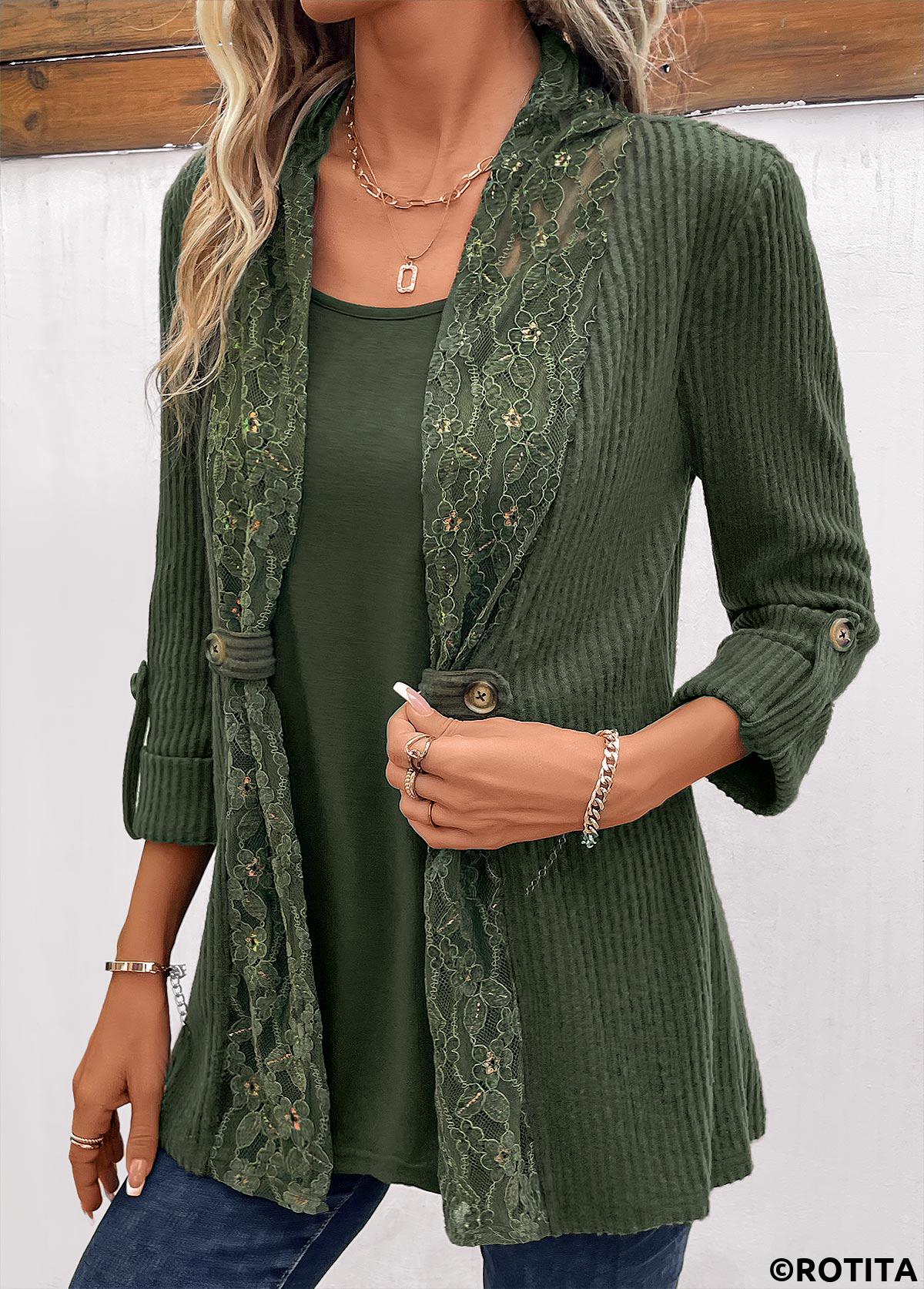 Olive Green tops,Plain Color tops,ROTITA Fake 2in1 Olive Green Round Neck T Shirt