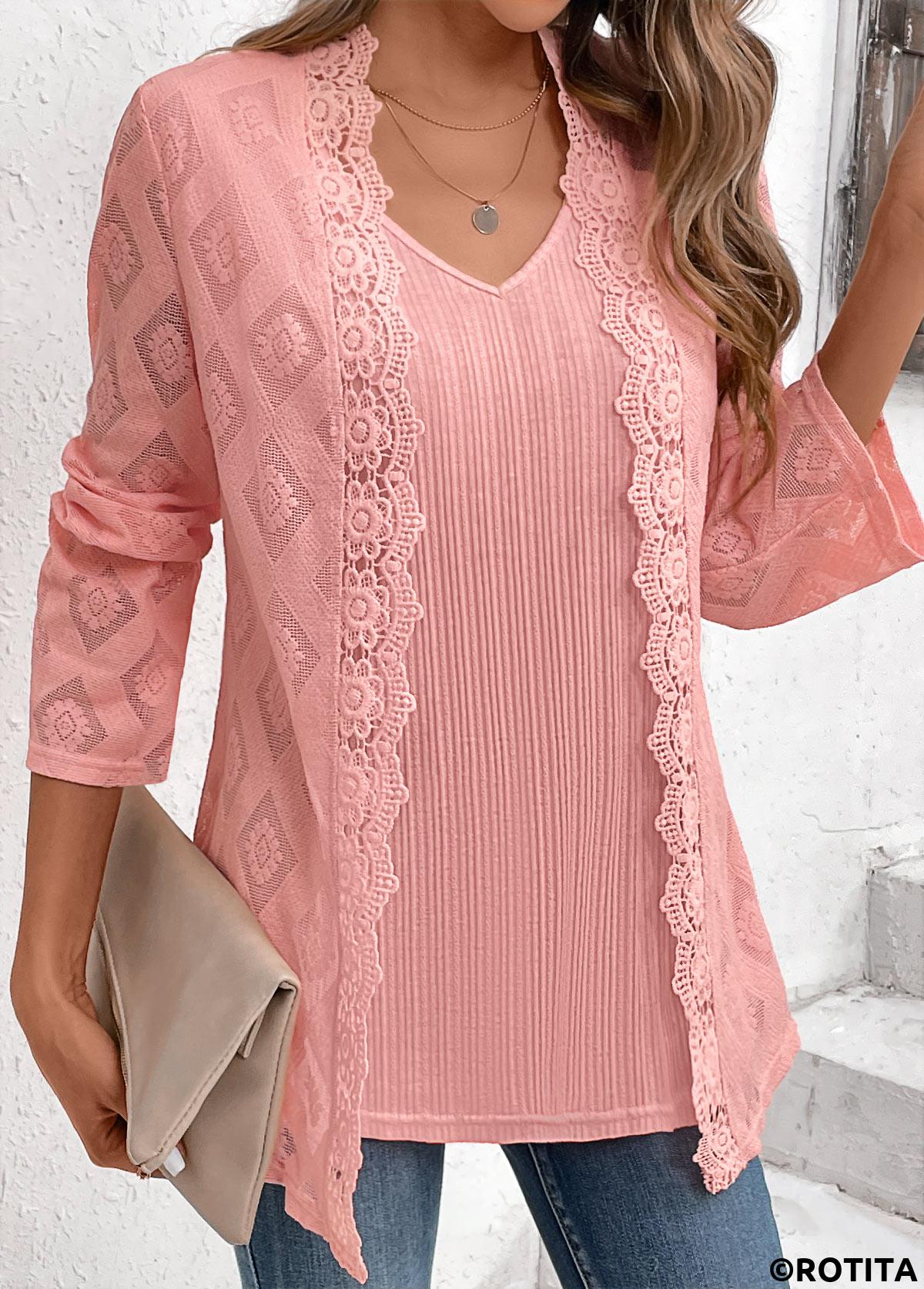 Dusty Pink tops,Plain Color tops,ROTITA Dusty Pink V Neck Fake Two Piece Twinset