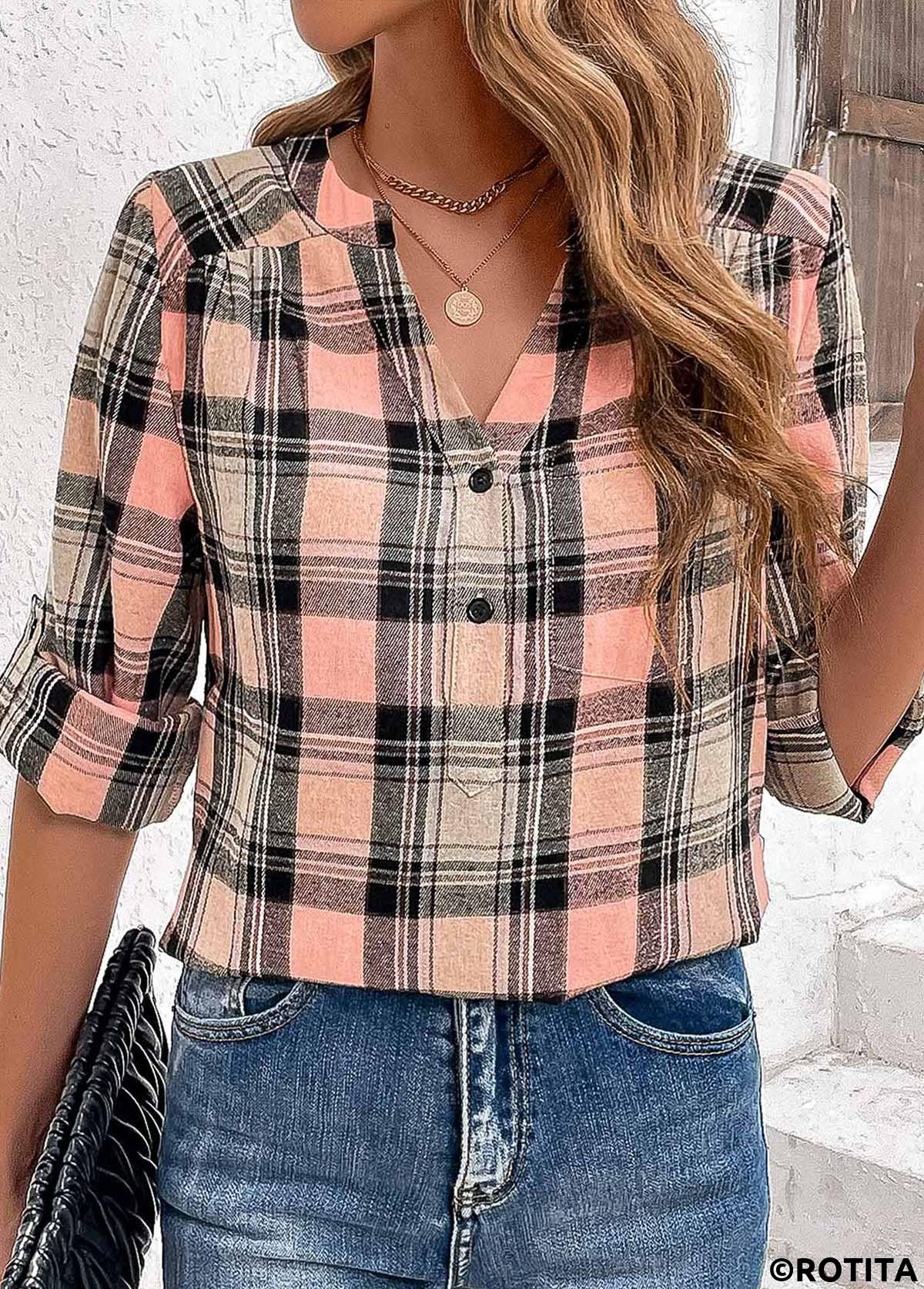 Pink tops,Black tops,Plaid tops,Geometric tops,Striped tops,ROTITA Ruched Plaid Pink Split Neck Long Sleeve Blouse