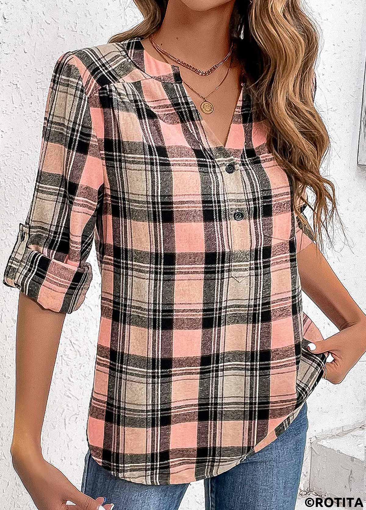 Pink tops,Black tops,Plaid tops,Geometric tops,Striped tops,ROTITA Ruched Plaid Pink Split Neck Long Sleeve Blouse