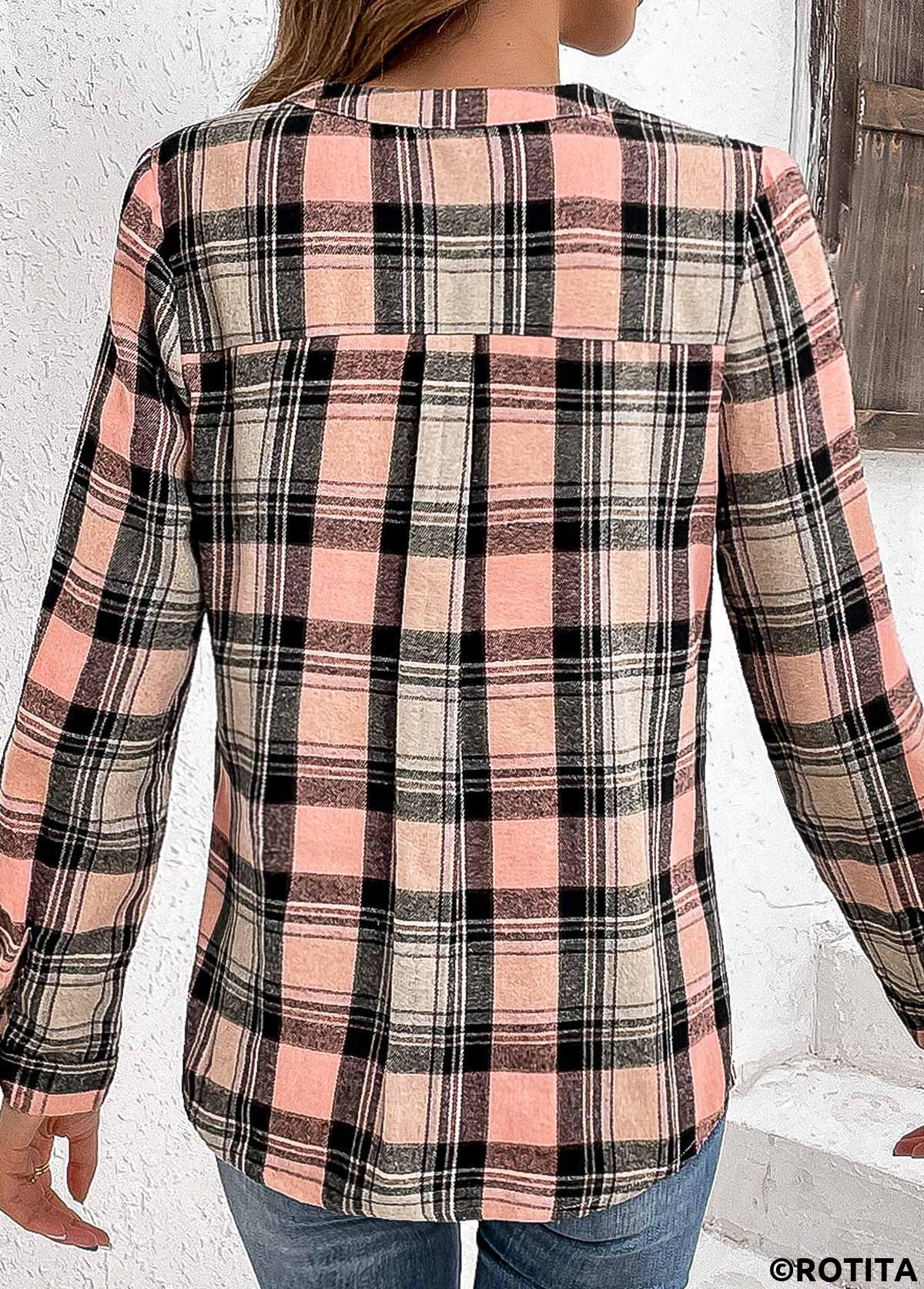 Pink tops,Black tops,Plaid tops,Geometric tops,Striped tops,ROTITA Ruched Plaid Pink Split Neck Long Sleeve Blouse