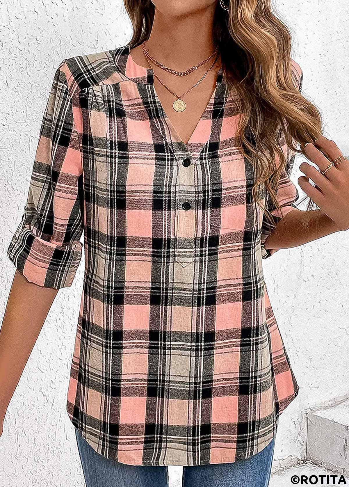 Pink tops,Black tops,Plaid tops,Geometric tops,Striped tops,ROTITA Ruched Plaid Pink Split Neck Long Sleeve Blouse
