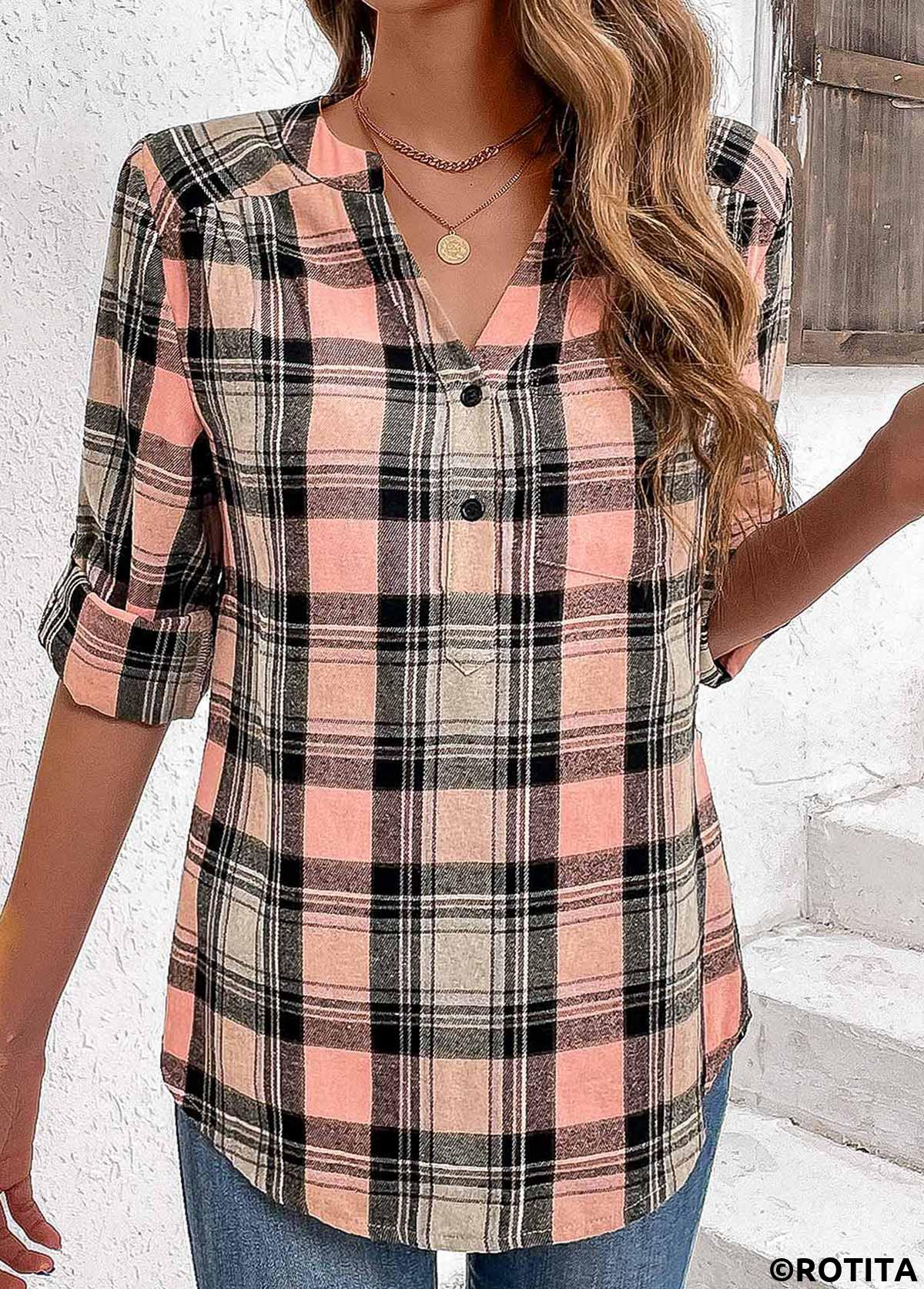 Pink tops,Black tops,Plaid tops,Geometric tops,Striped tops,ROTITA Ruched Plaid Pink Split Neck Long Sleeve Blouse