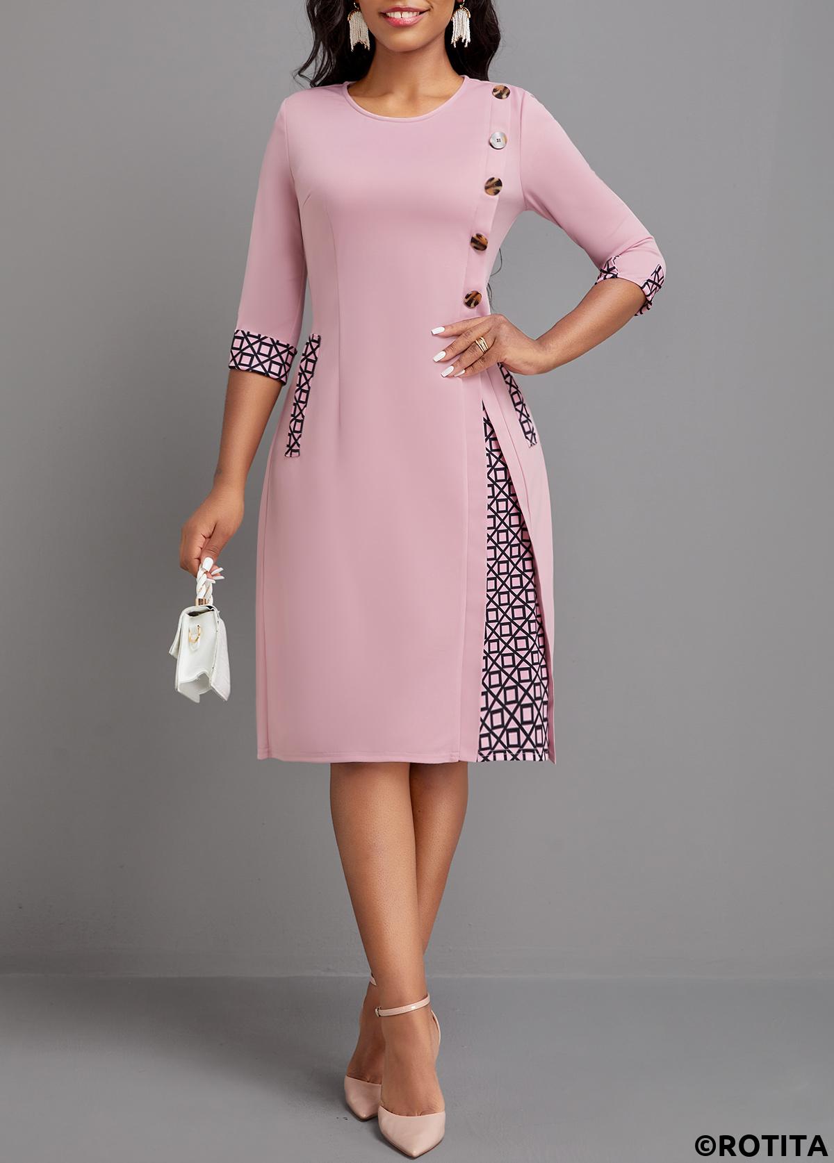 Pink dresses,Geometric dresses,Striped dresses,Plaid dresses,Party dresses,Elegant dresses,ROTITA Button Geometric Print Pink A Line Dress