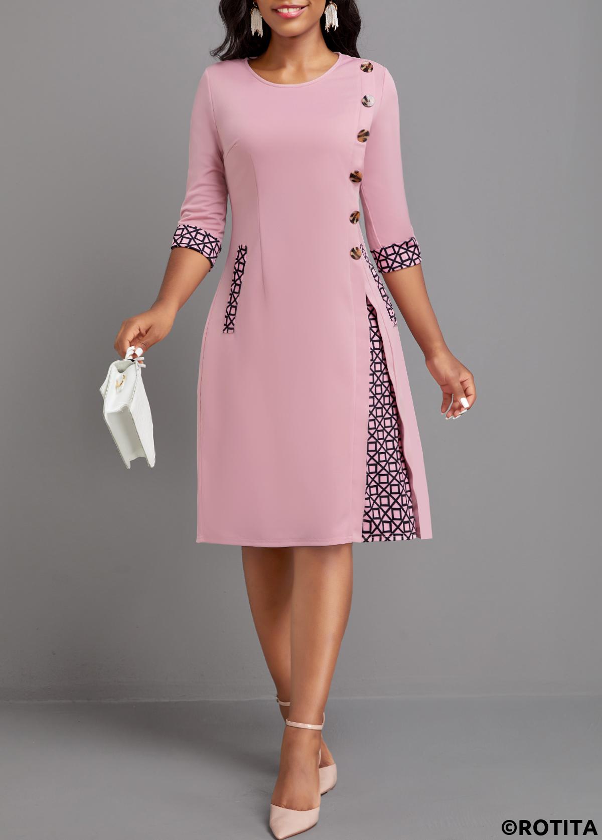 Pink dresses,Geometric dresses,Striped dresses,Plaid dresses,Party dresses,Elegant dresses,ROTITA Button Geometric Print Pink A Line Dress