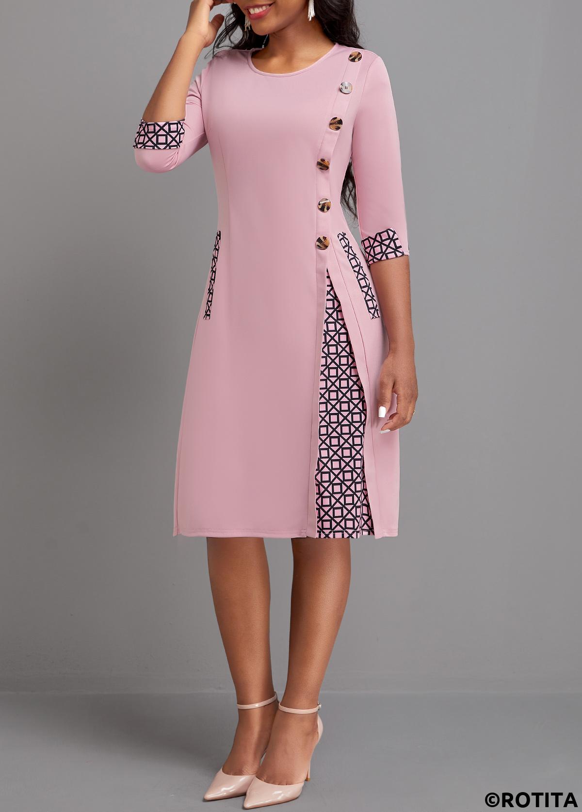 Pink dresses,Geometric dresses,Striped dresses,Plaid dresses,Party dresses,Elegant dresses,ROTITA Button Geometric Print Pink A Line Dress