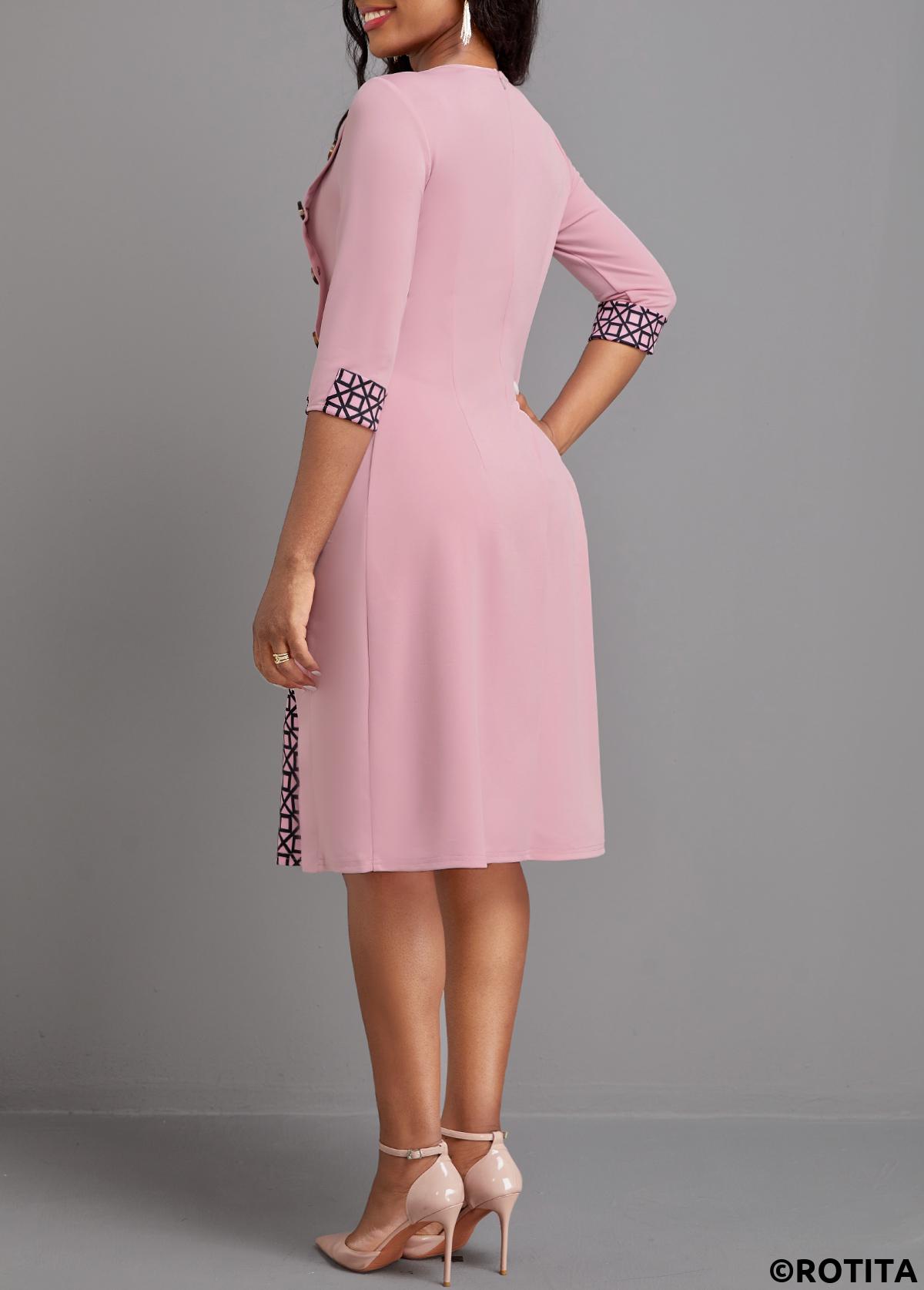 Pink dresses,Geometric dresses,Striped dresses,Plaid dresses,Party dresses,Elegant dresses,ROTITA Button Geometric Print Pink A Line Dress