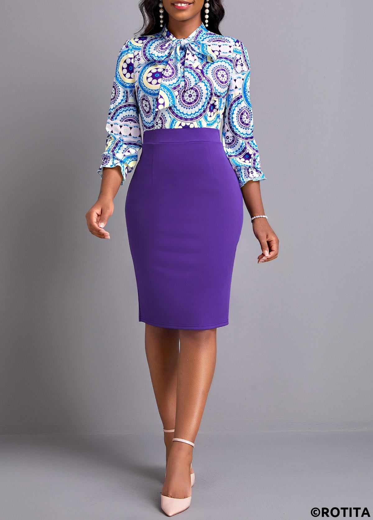 ROTITA Bowknot Tribal Print Purple Tie Collar Bodycon Dress
