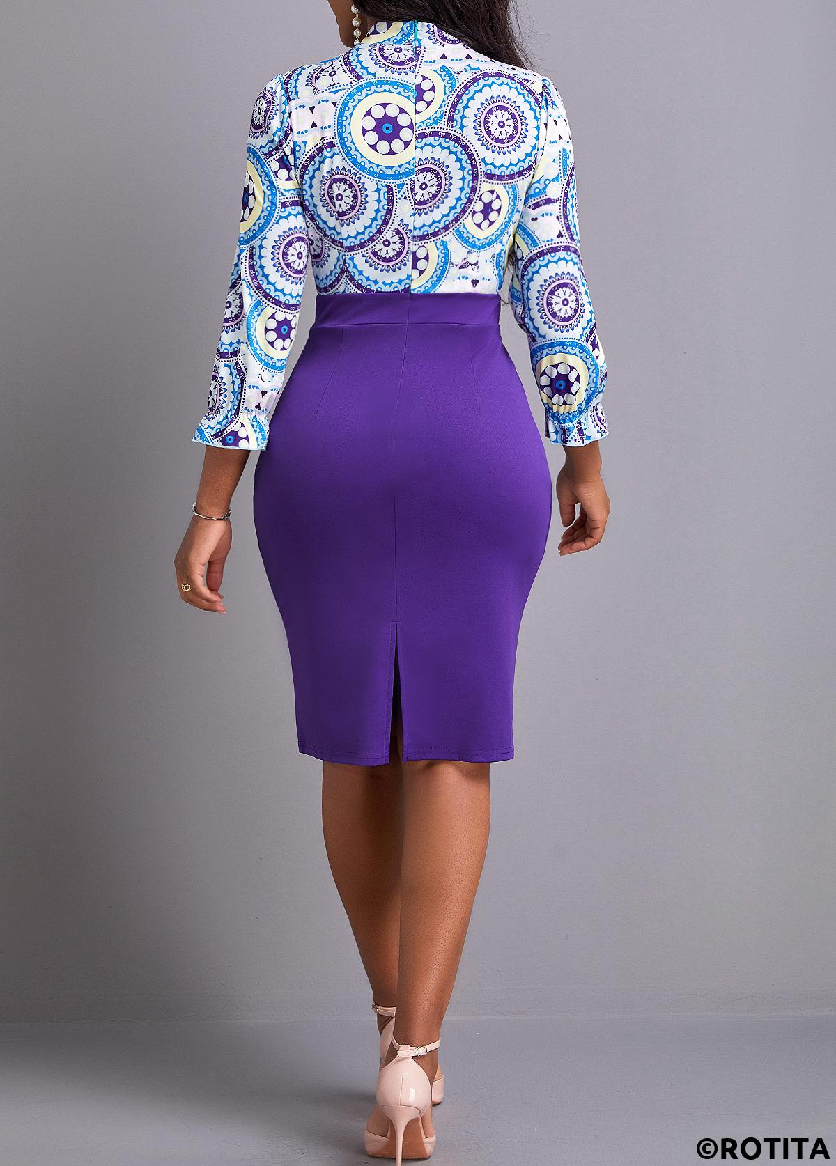 ROTITA Bowknot Tribal Print Purple Tie Collar Bodycon Dress