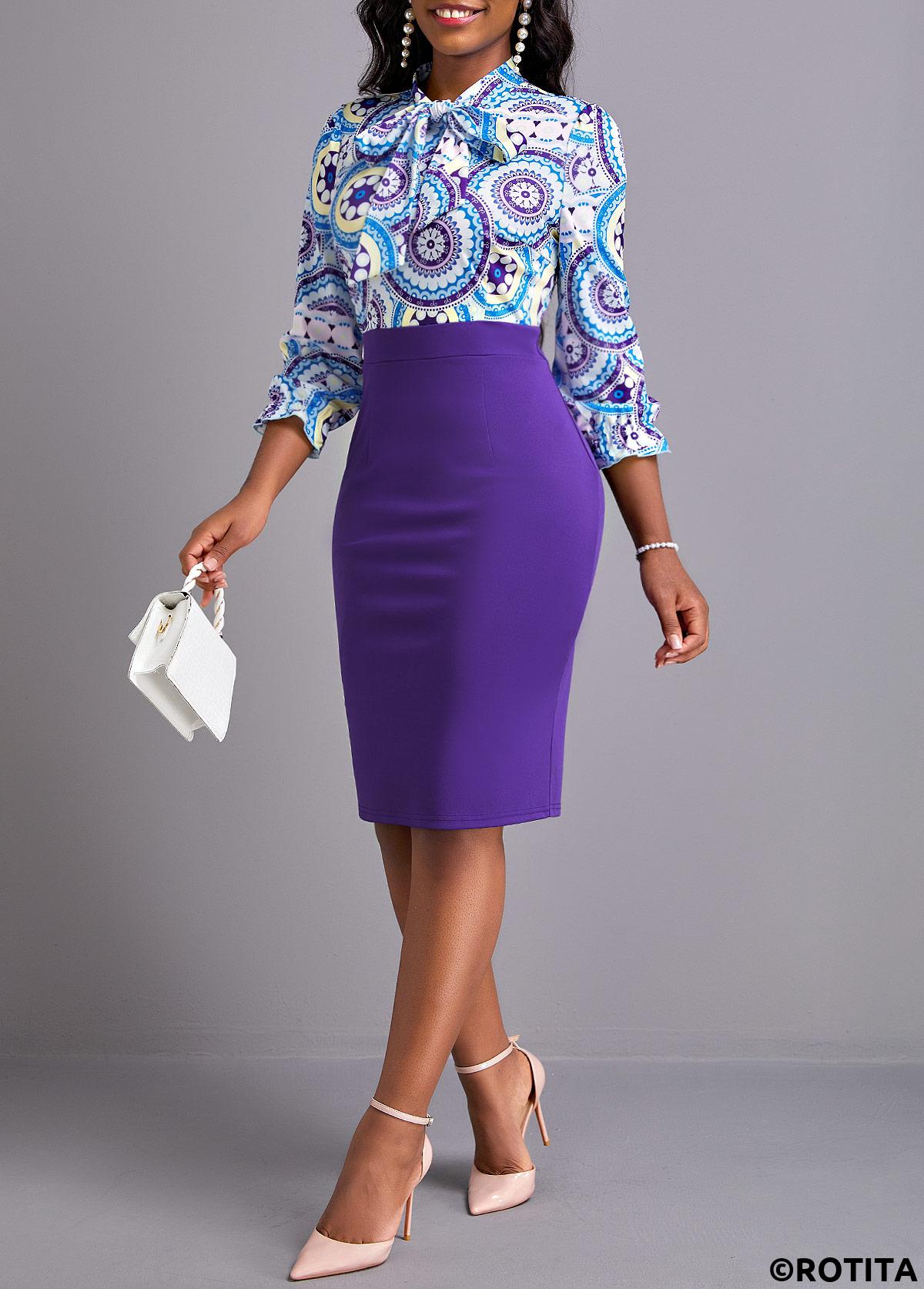 Purple dresses,Tribal dresses,Geometric dresses,Dot dresses,Party dresses,Elegant dresses,ROTITA Bowknot Tribal Print Purple Tie Collar Bodycon Dress