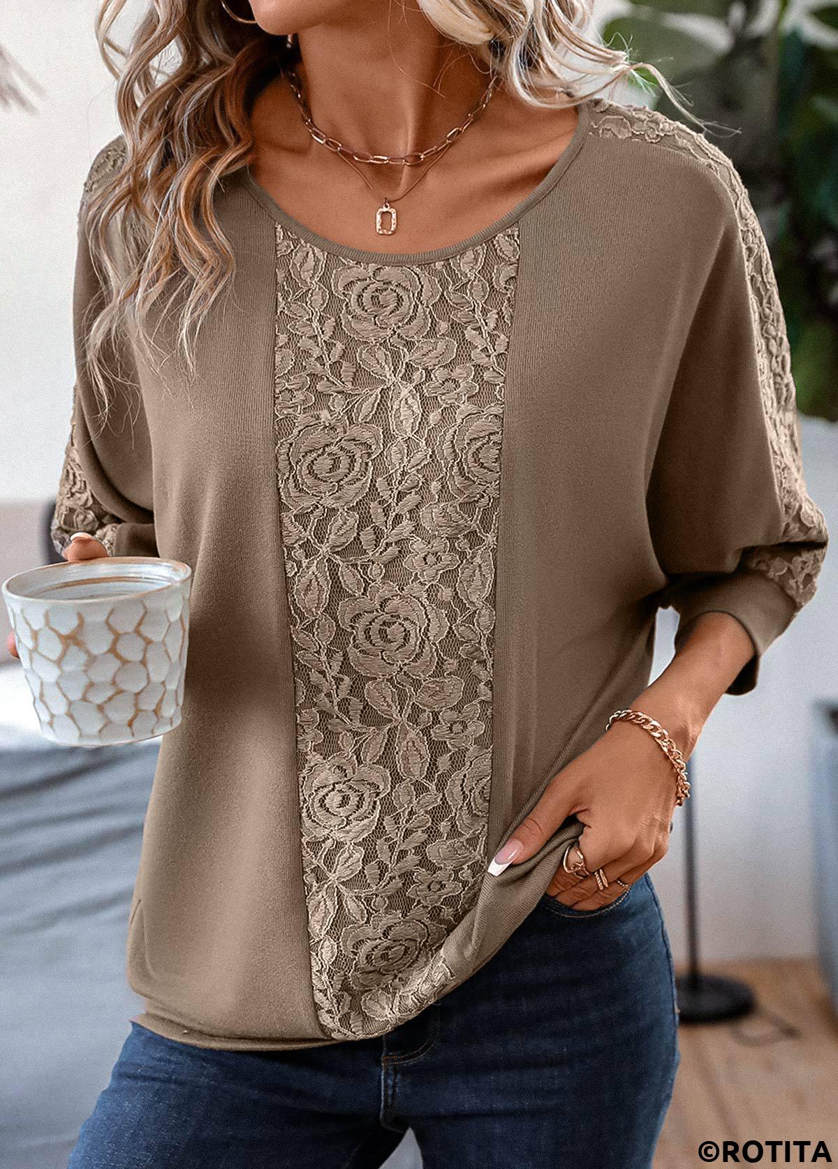 Light Coffee tops,Plain Color tops,ROTITA Light Coffee Patchwork Round Neck T Shirt