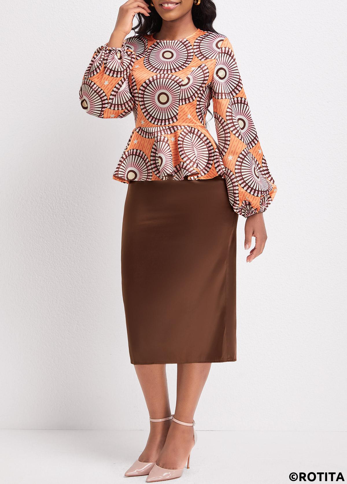 Orange dresses,Dark Coffee dresses,Tribal dresses,Geometric dresses,Striped dresses,Party dresses,Elegant dresses,ROTITA Patchwork Tribal Print Orange Round Neck Dress