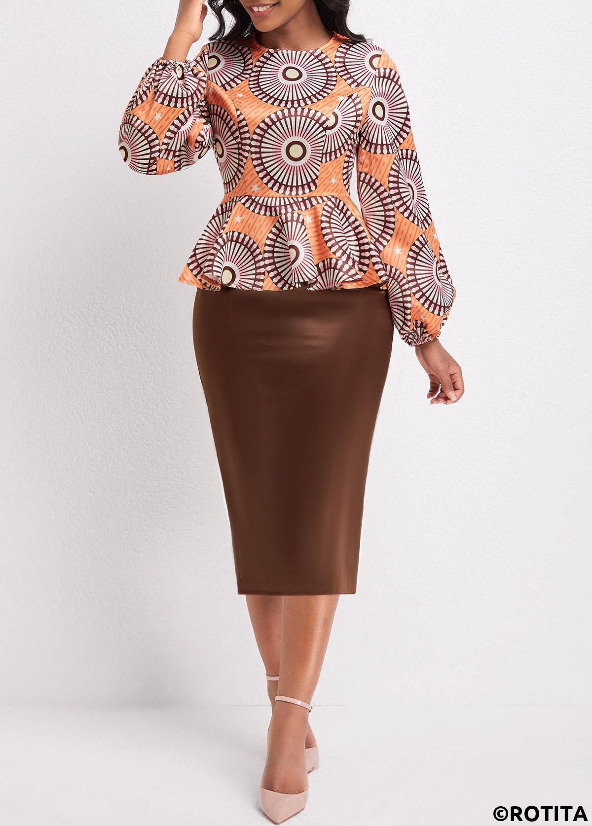 Orange dresses,Dark Coffee dresses,Tribal dresses,Geometric dresses,Striped dresses,Party dresses,Elegant dresses,ROTITA Patchwork Tribal Print Orange Round Neck Dress