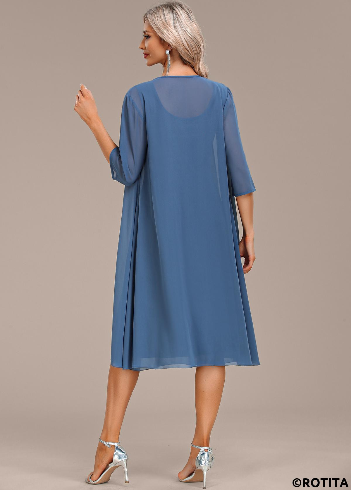 Blue dresses,Plain Color dresses,Party dresses,Elegant dresses,ROTITA Hot Drilling Blue Two Piece Suit Dress and Cardigan