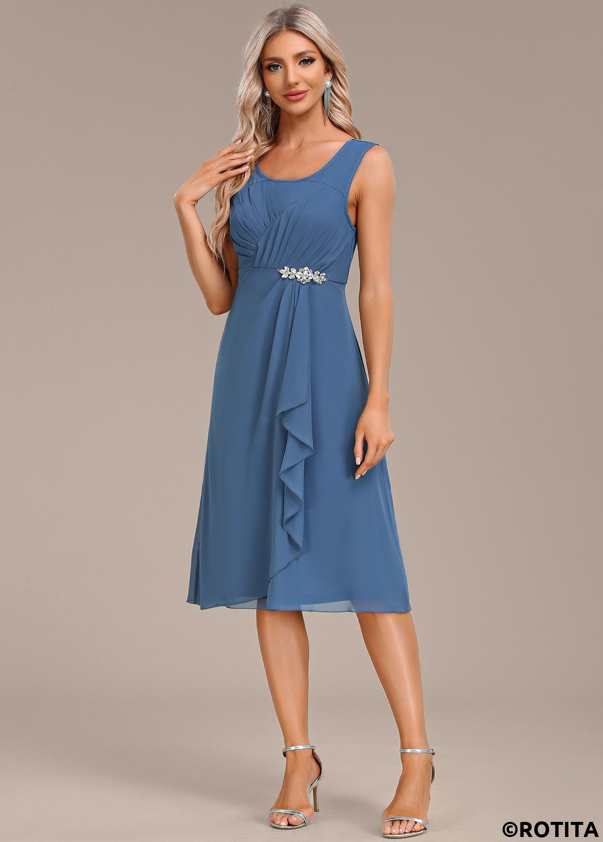 Blue dresses,Plain Color dresses,Party dresses,Elegant dresses,ROTITA Hot Drilling Blue Two Piece Suit Dress and Cardigan