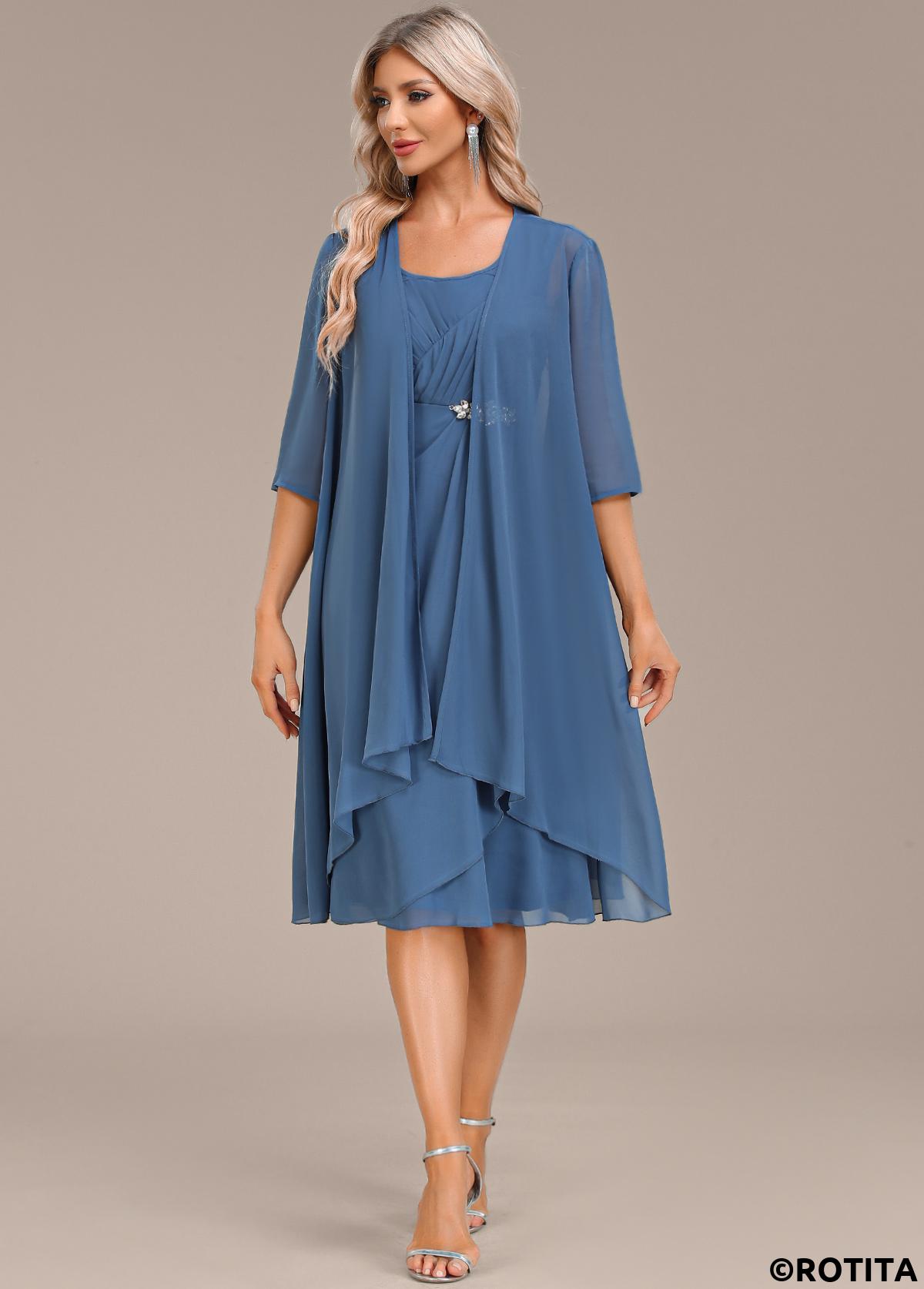 Blue dresses,Plain Color dresses,Party dresses,Elegant dresses,ROTITA Hot Drilling Blue Two Piece Suit Dress and Cardigan
