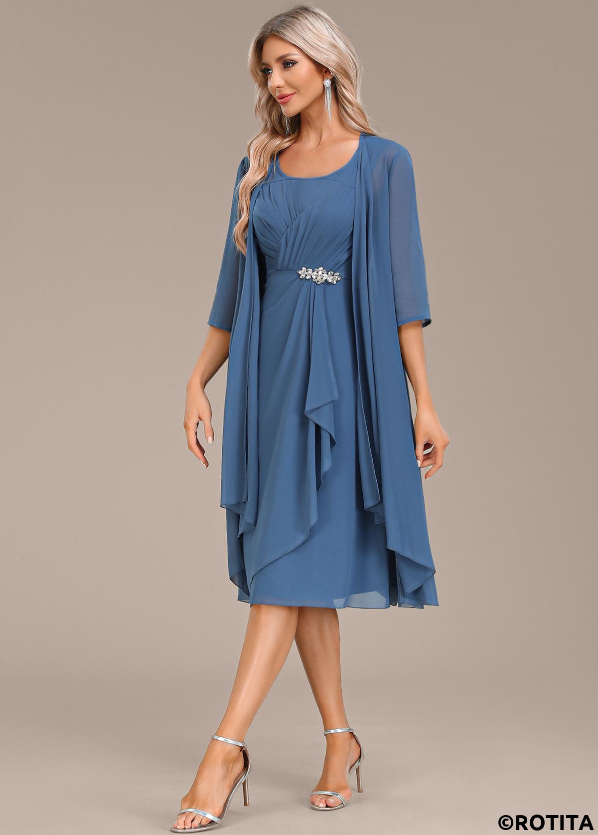 Blue dresses,Plain Color dresses,Party dresses,Elegant dresses,ROTITA Hot Drilling Blue Two Piece Suit Dress and Cardigan