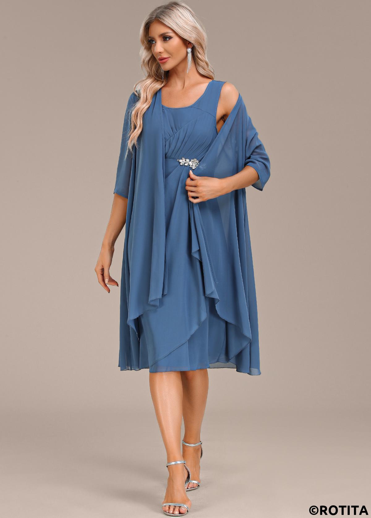Blue dresses,Plain Color dresses,Party dresses,Elegant dresses,ROTITA Hot Drilling Blue Two Piece Suit Dress and Cardigan
